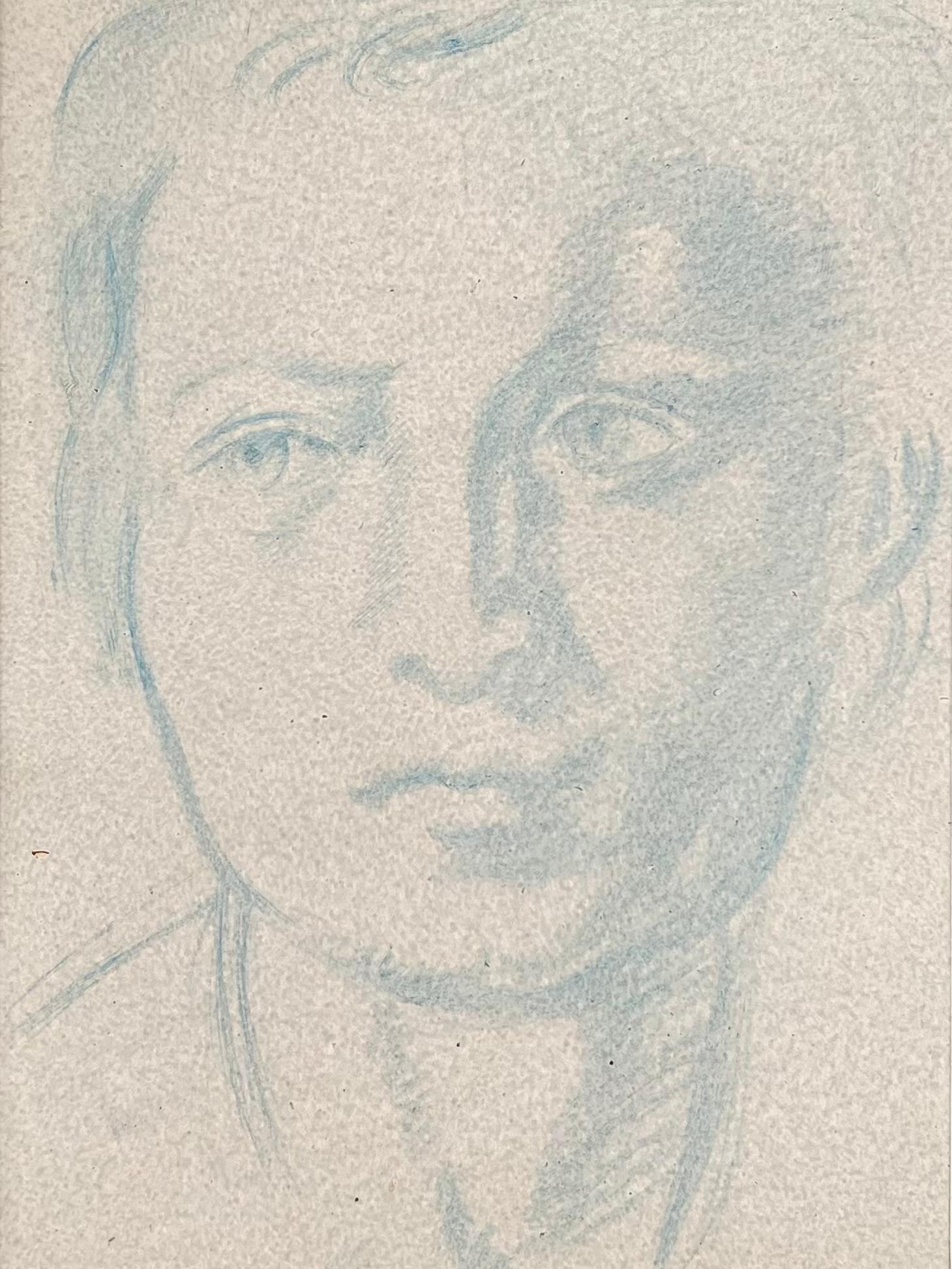 Portrait of a Man with Bold Features Blue Sketch Original French Artwork For Sale 3