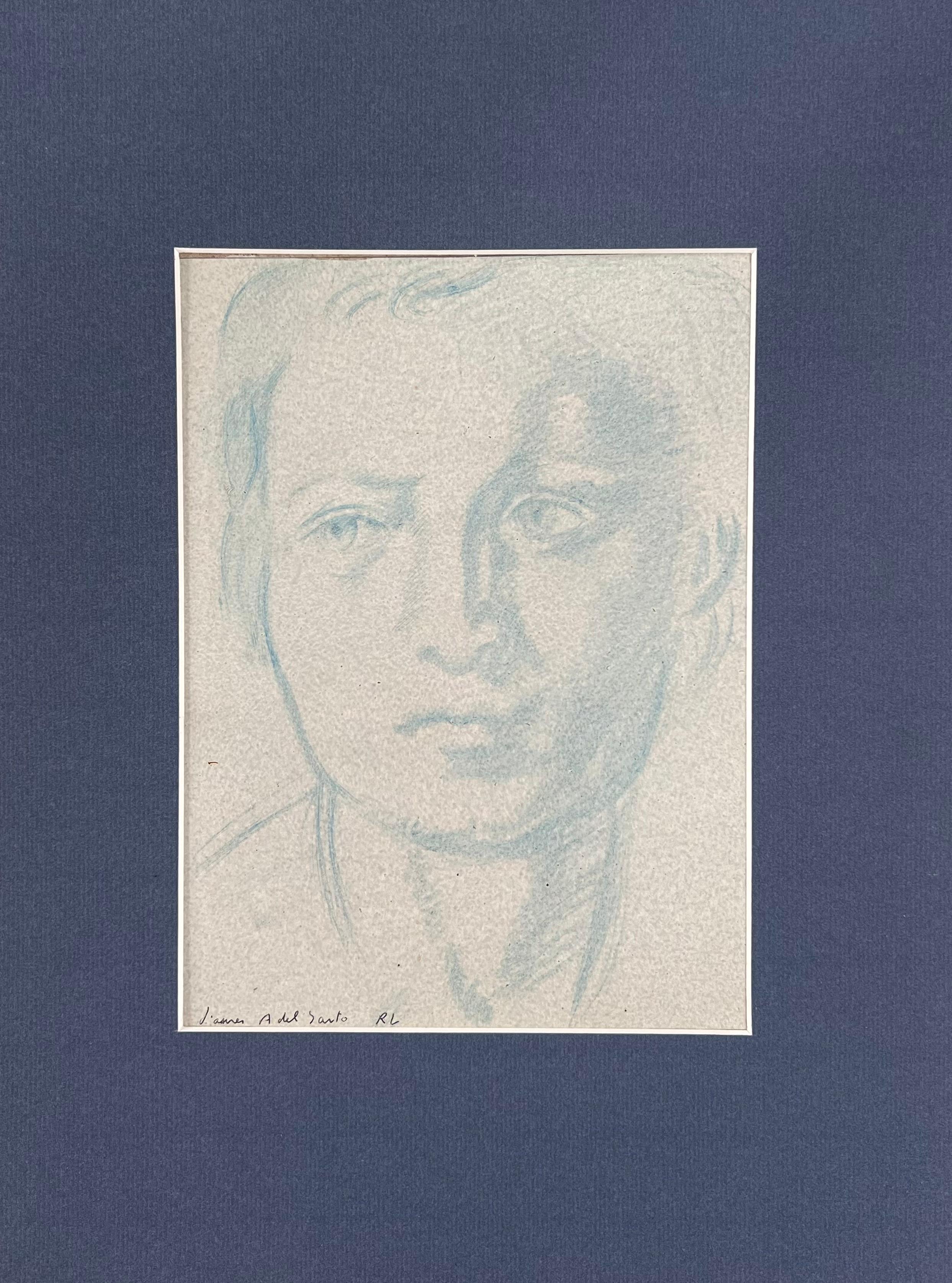Robert Ladou Portrait Painting - Portrait of a Man with Bold Features Blue Sketch Original French Artwork