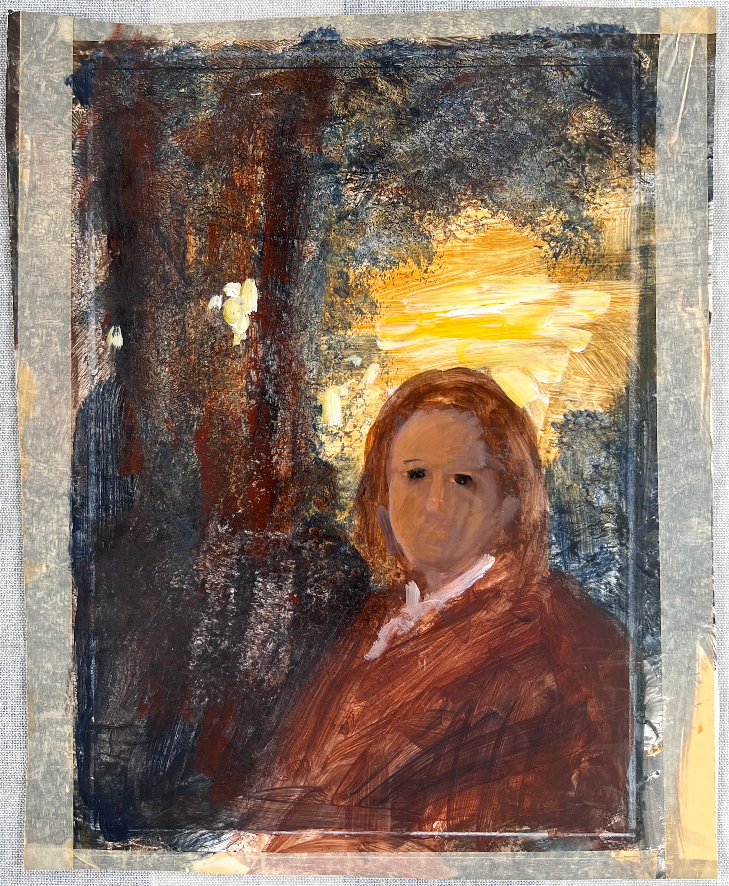Portrait d'un jeune homme avec un rayon de soleil rayonnant Original French Artwork - Painting de Robert Ladou