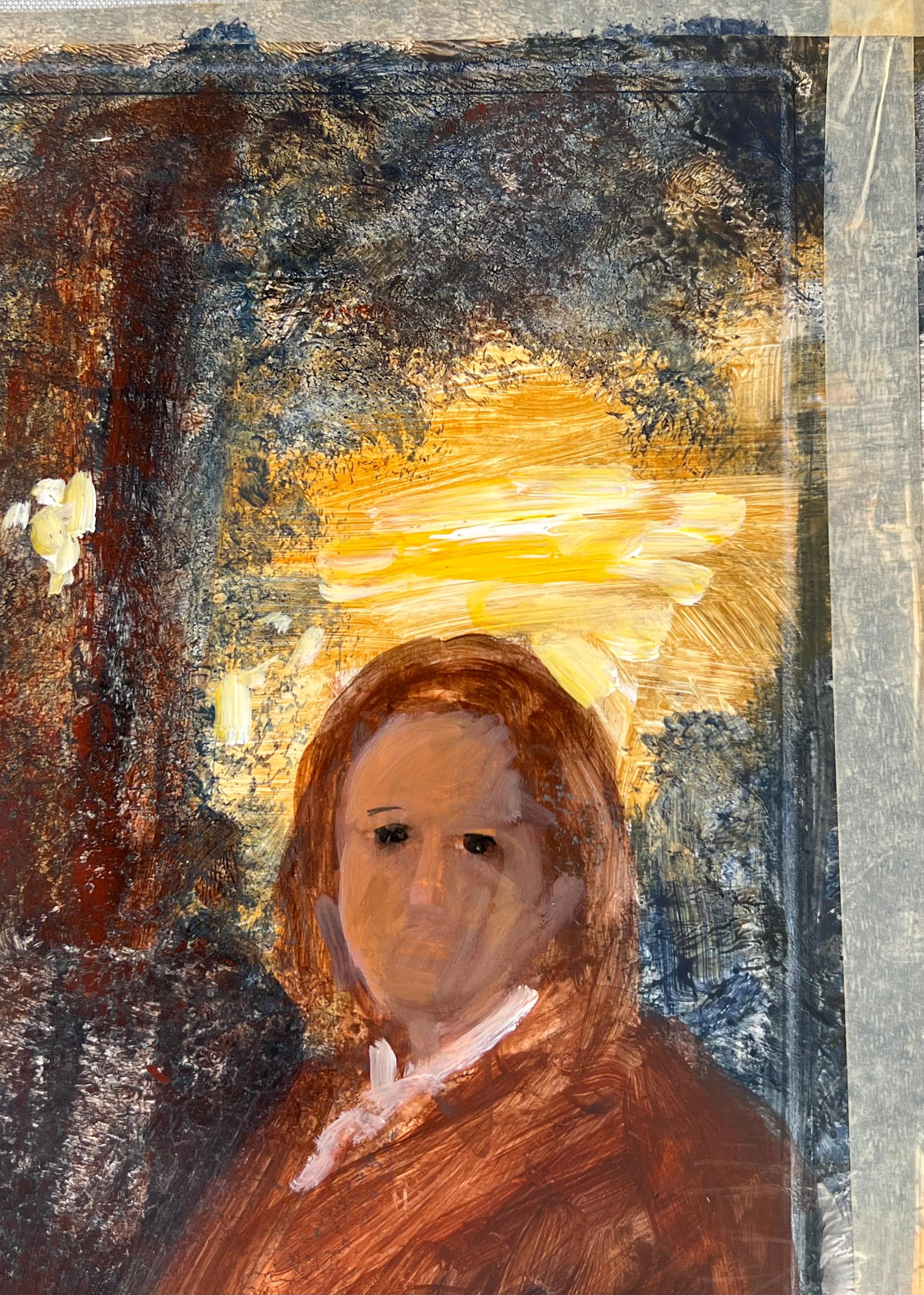 Portrait d'un jeune homme avec un rayon de soleil rayonnant Original French Artwork - Noir Portrait Painting par Robert Ladou
