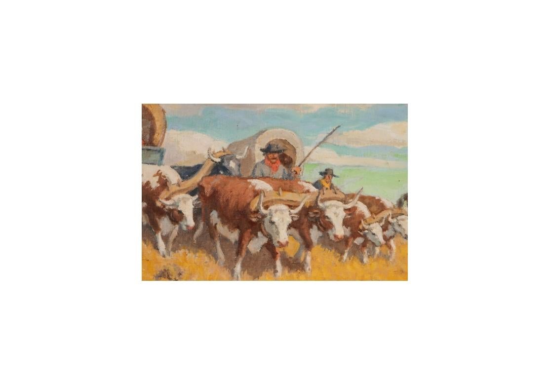 Oil on canvas with covered wagons heading west in an open prairie.
Signed lower right.
Sight measures 23 1/2