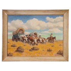 Robert Lambdin 'Am., 1886-1981' Olio su tela "Scena di viaggio verso ovest"