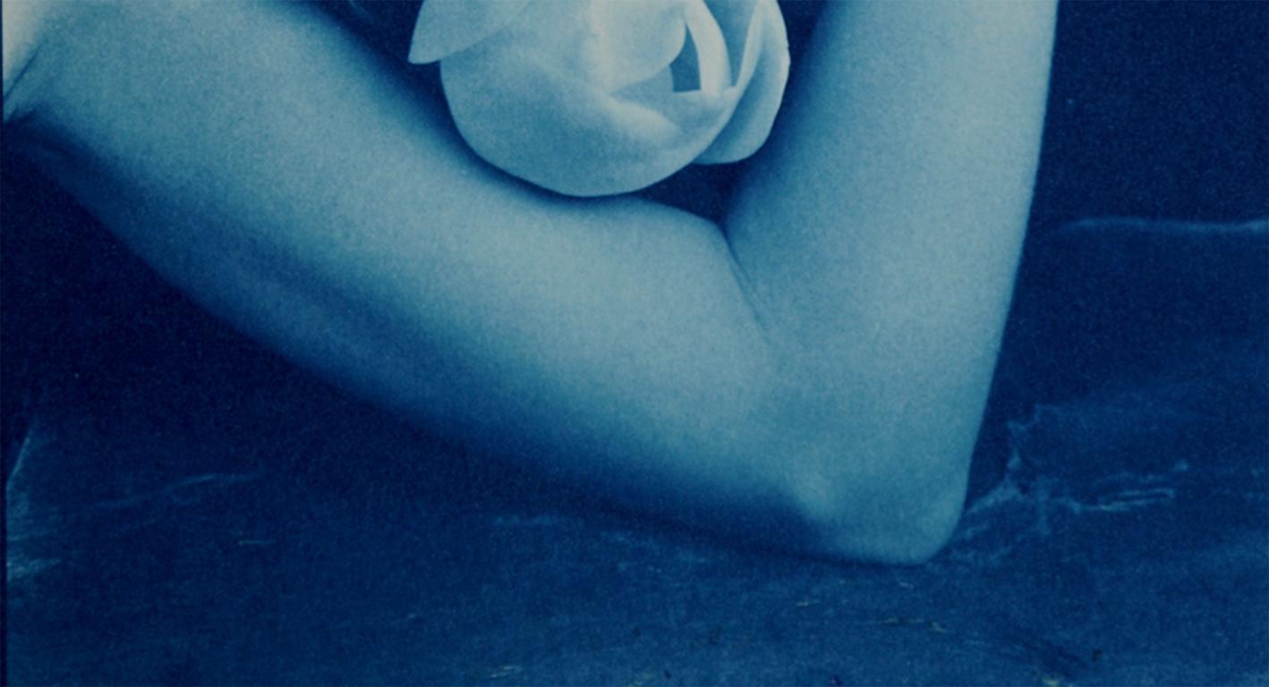 Triple Magnolia - Surreal blue cyanotype, magnolia flower blooms in elbow crook - Surrealist Photograph by Robert Langham