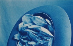 Tulip Tree Hat - Blue cyanotype tulip flower petals in hat, surreal still life