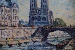 Peinture à l'huile représentant un paysage parisien d'époque, peinture postimpressionniste de Notre-Dame