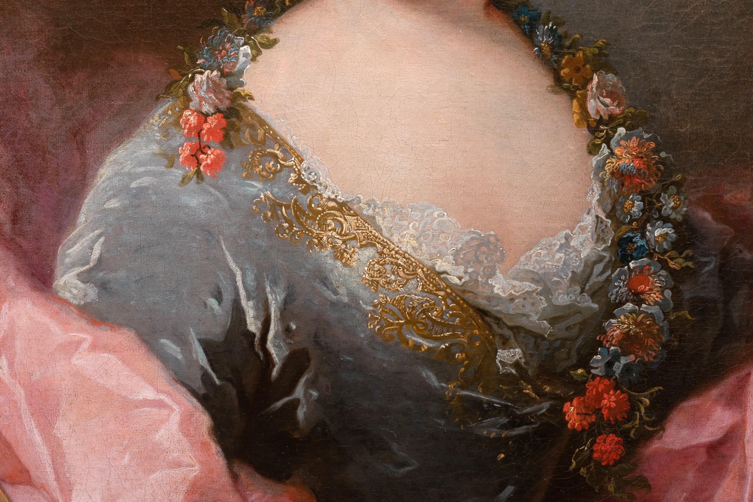 18th c. French School, portrait of a lady as Flora by Robert Le Vrac Tournieres - Brown Portrait Painting by Robert Le Vrac Tournières