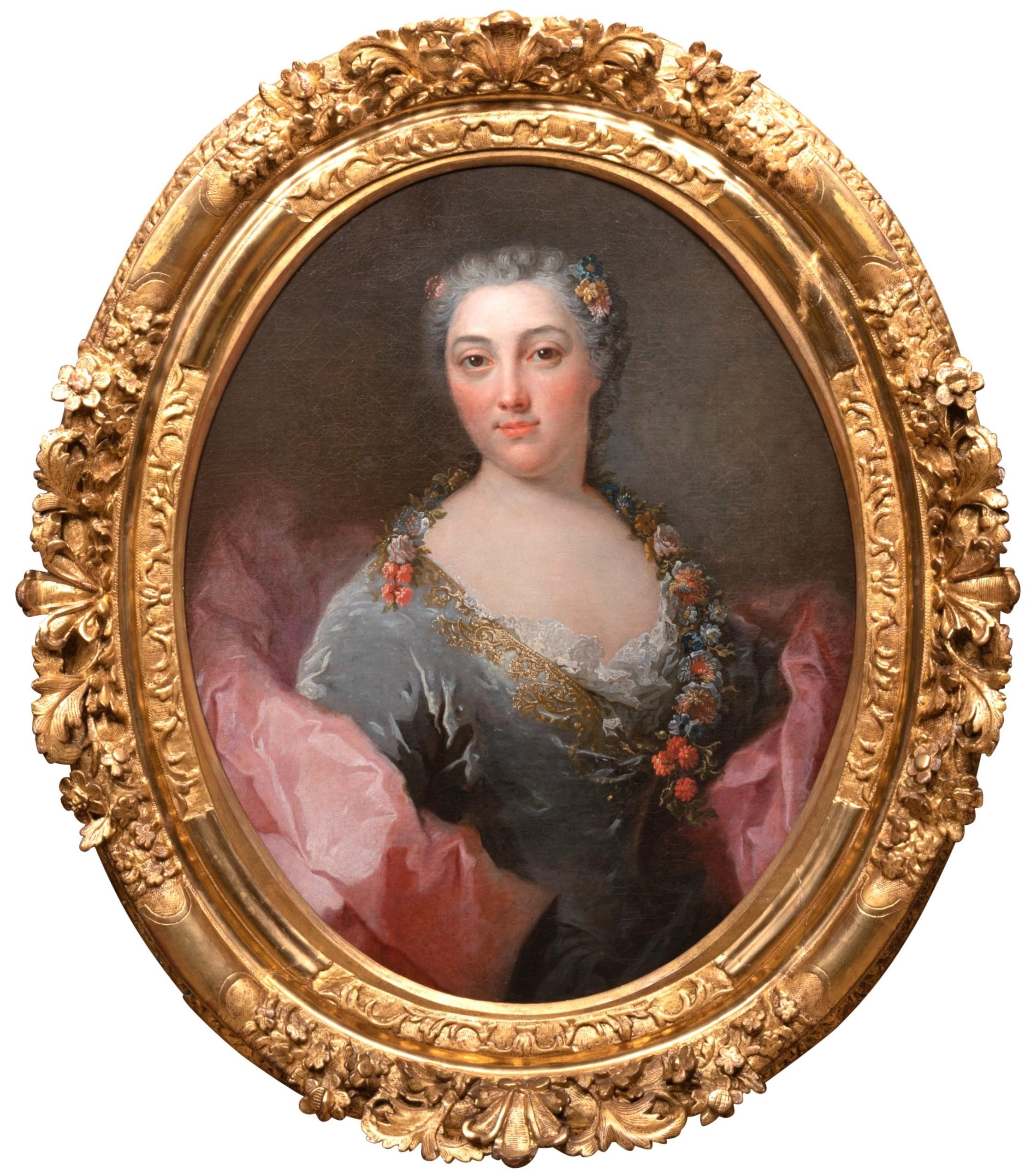 Robert Le Vrac Tournières Portrait Painting - 18th c. French School, portrait of a lady as Flora by Robert Le Vrac Tournieres