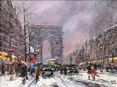 „Arc de Triumph“ – postimpressionistisches Ölgemälde auf Leinwand mit einer Winterstraßenszene