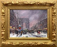 Vintage "Arc de Triumph" Post-Impressionist Winter Street Scene Oil Painting on Canvas