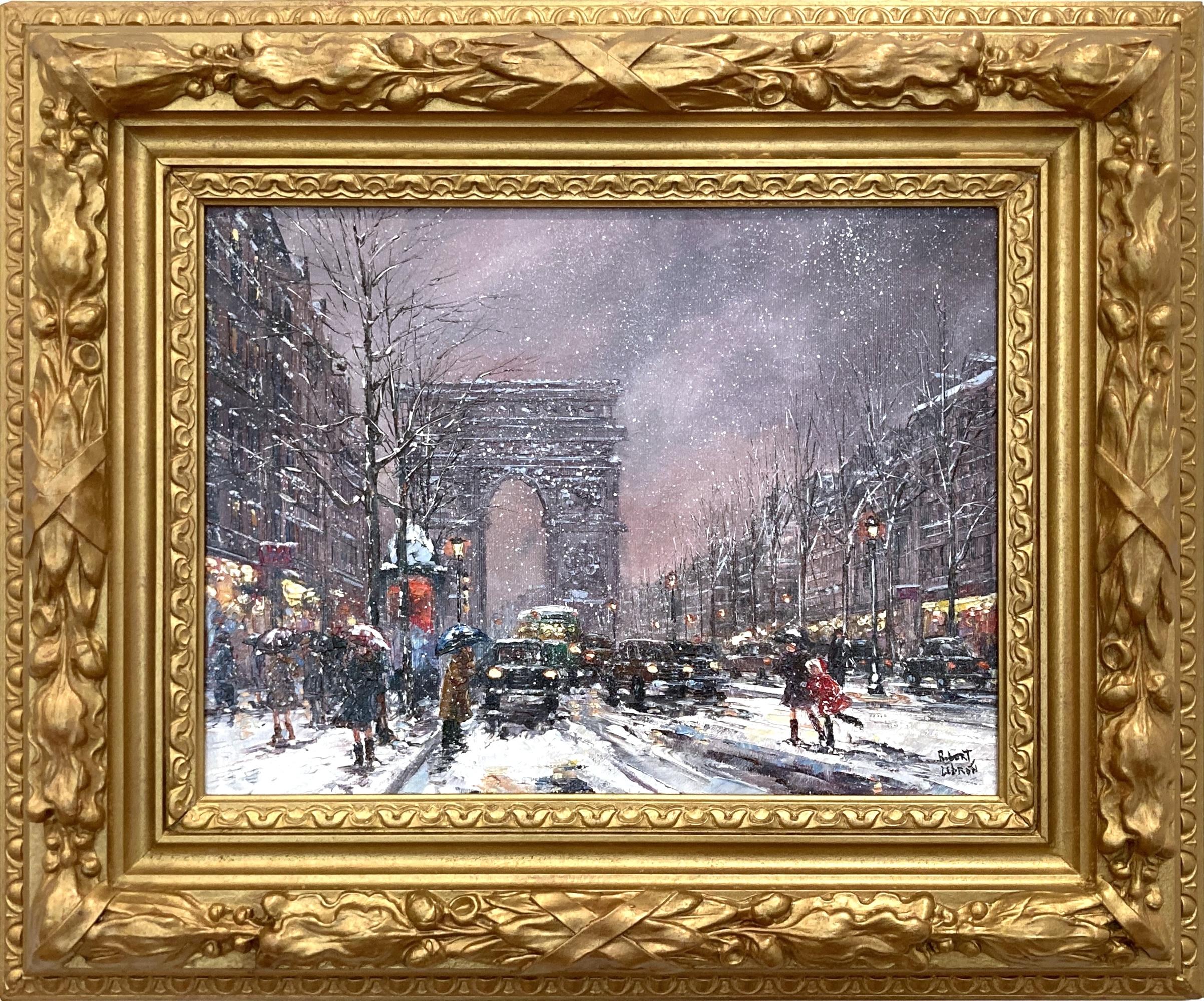«Arco del Triunfo»: pintura al óleo sobre lienzo de estilo posimpresionista que representa una escena invernal en la calle