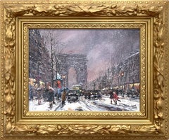 „Arc de Triumph“ – postimpressionistisches Ölgemälde auf Leinwand mit einer Winterstraßenszene
