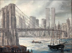 "Manhattan Skyline" View of Brooklyn Bridge Impressionist Scene Oil Painting