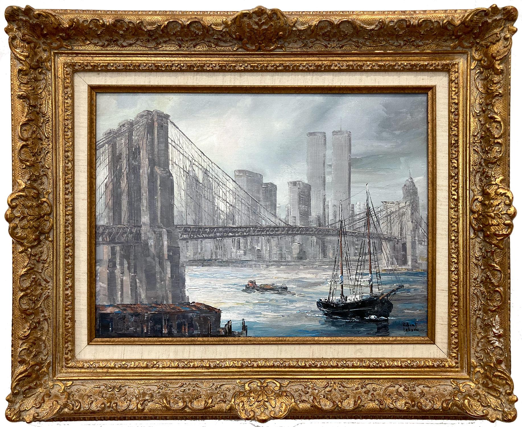 „Manhattan Skyline“ Ansicht der Brooklyn Bridge, impressionistische Szene, Ölgemälde