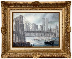 "Manhattan Skyline" View of Brooklyn Bridge Impressionist Scene Oil Painting