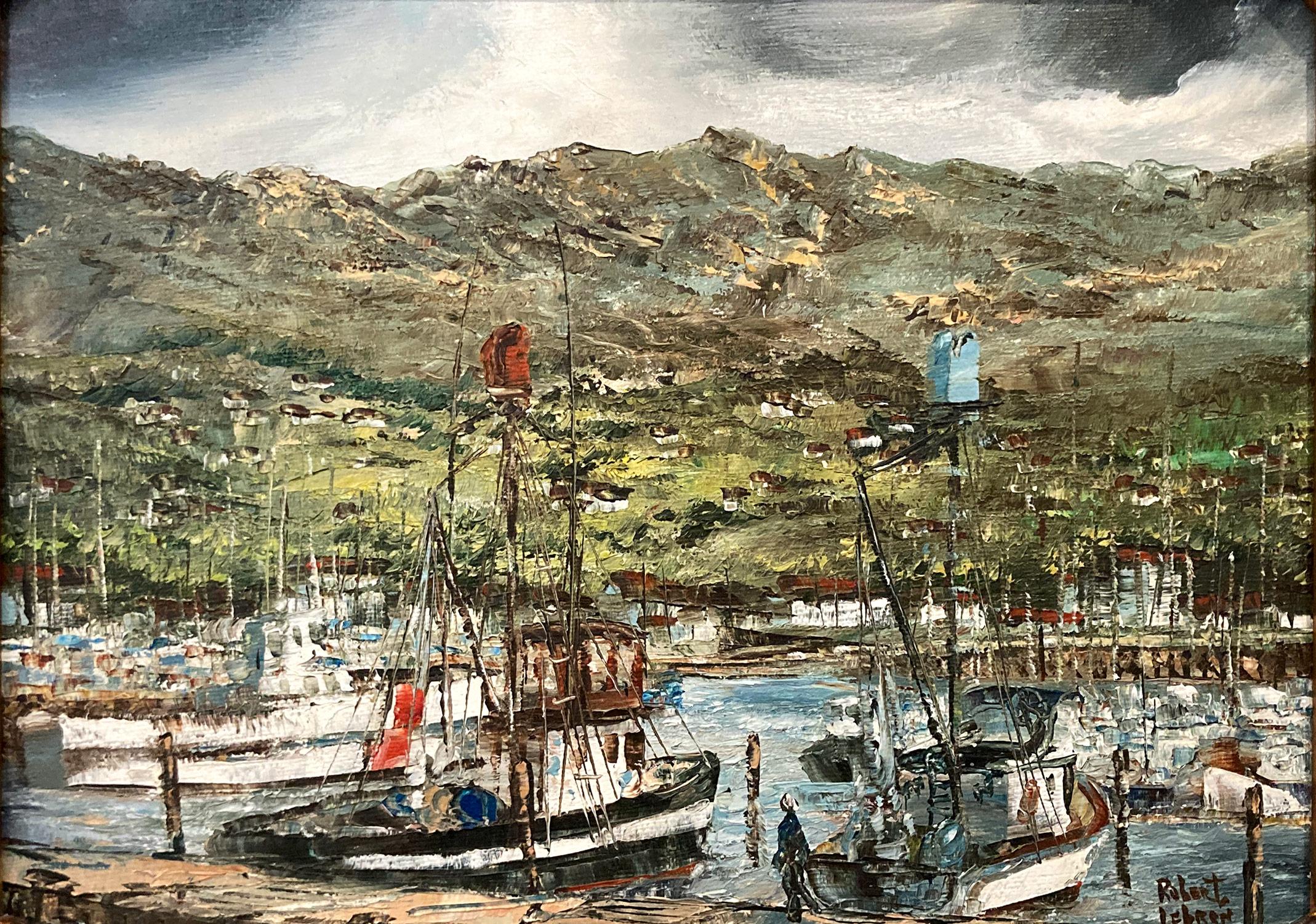 „Nice Harbor“ Französische Ansicht von Booten, Docked on the Water, impressionistisches Gemälde – Painting von Robert Lebron