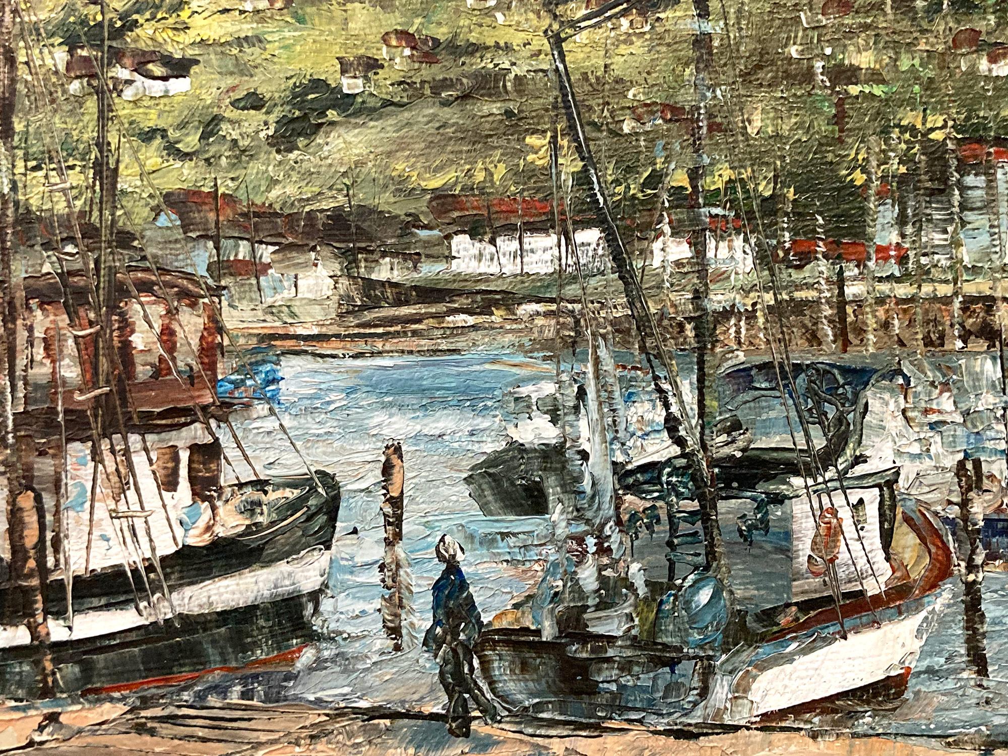 „Nice Harbor“ Französische Ansicht von Booten, Docked on the Water, impressionistisches Gemälde (Post-Impressionismus), Painting, von Robert Lebron