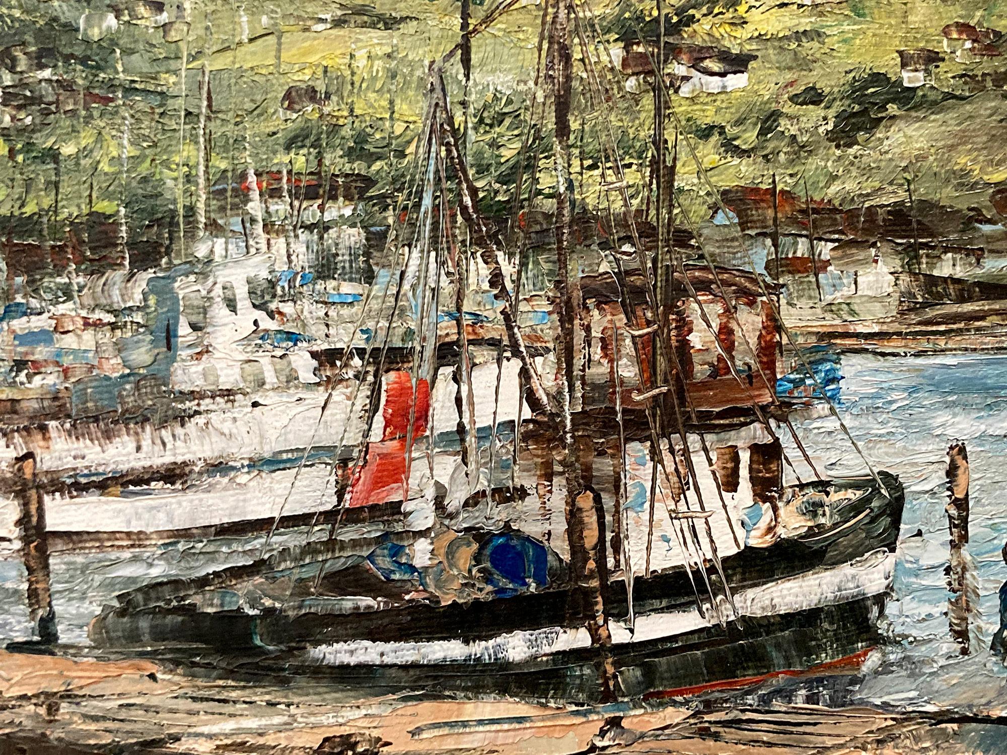 „Nice Harbor“ Französische Ansicht von Booten, Docked on the Water, impressionistisches Gemälde (Braun), Landscape Painting, von Robert Lebron