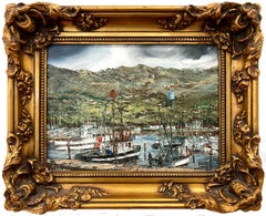 "Nice Harbor" French View of Boats Docked on the Water Impressionist Painting