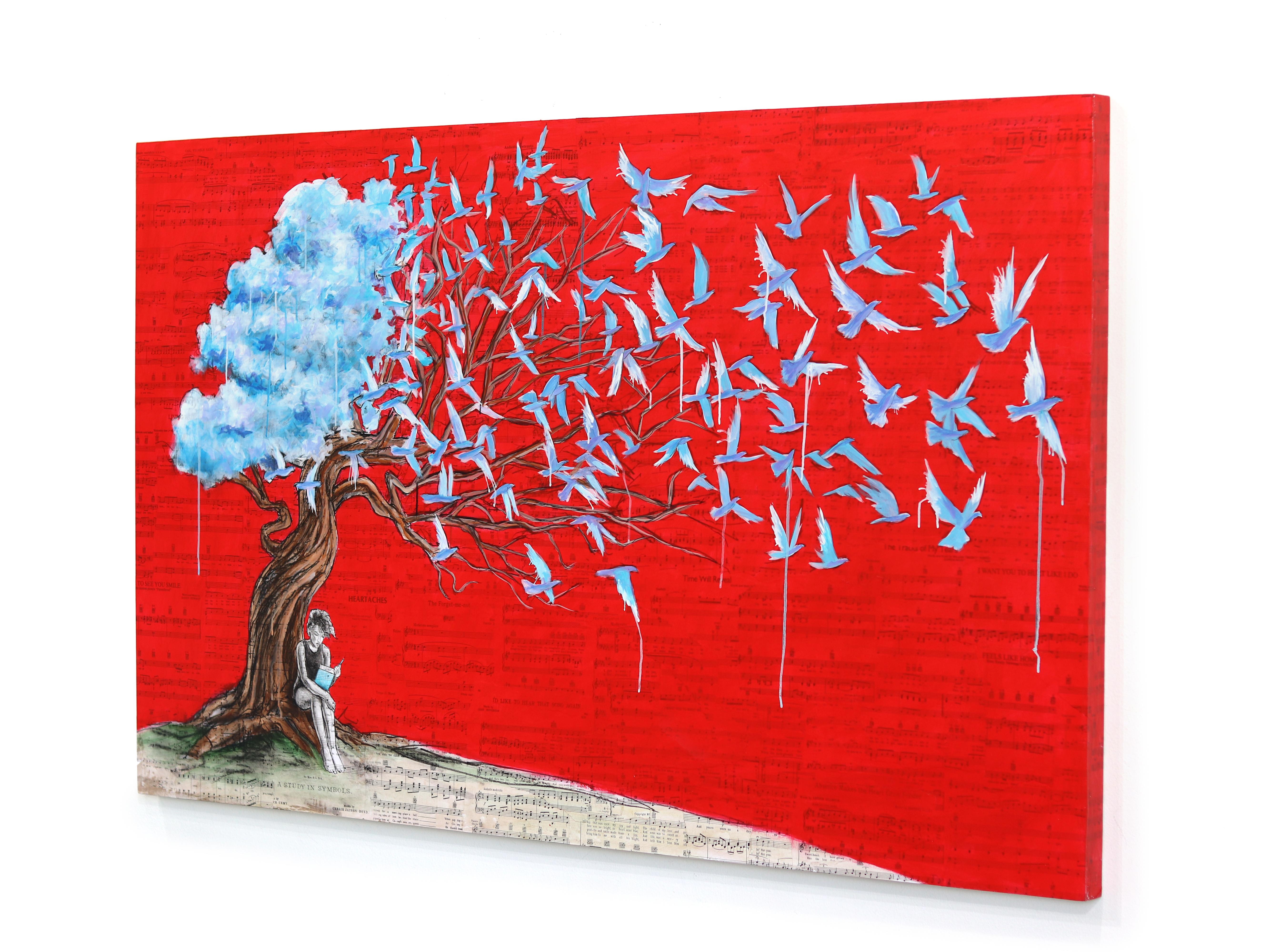 Un appel aux murmures d'une distance - Art figuratif surréaliste original et vibrant en techniques mixtes - Rouge Figurative Painting par Robert Lebsack