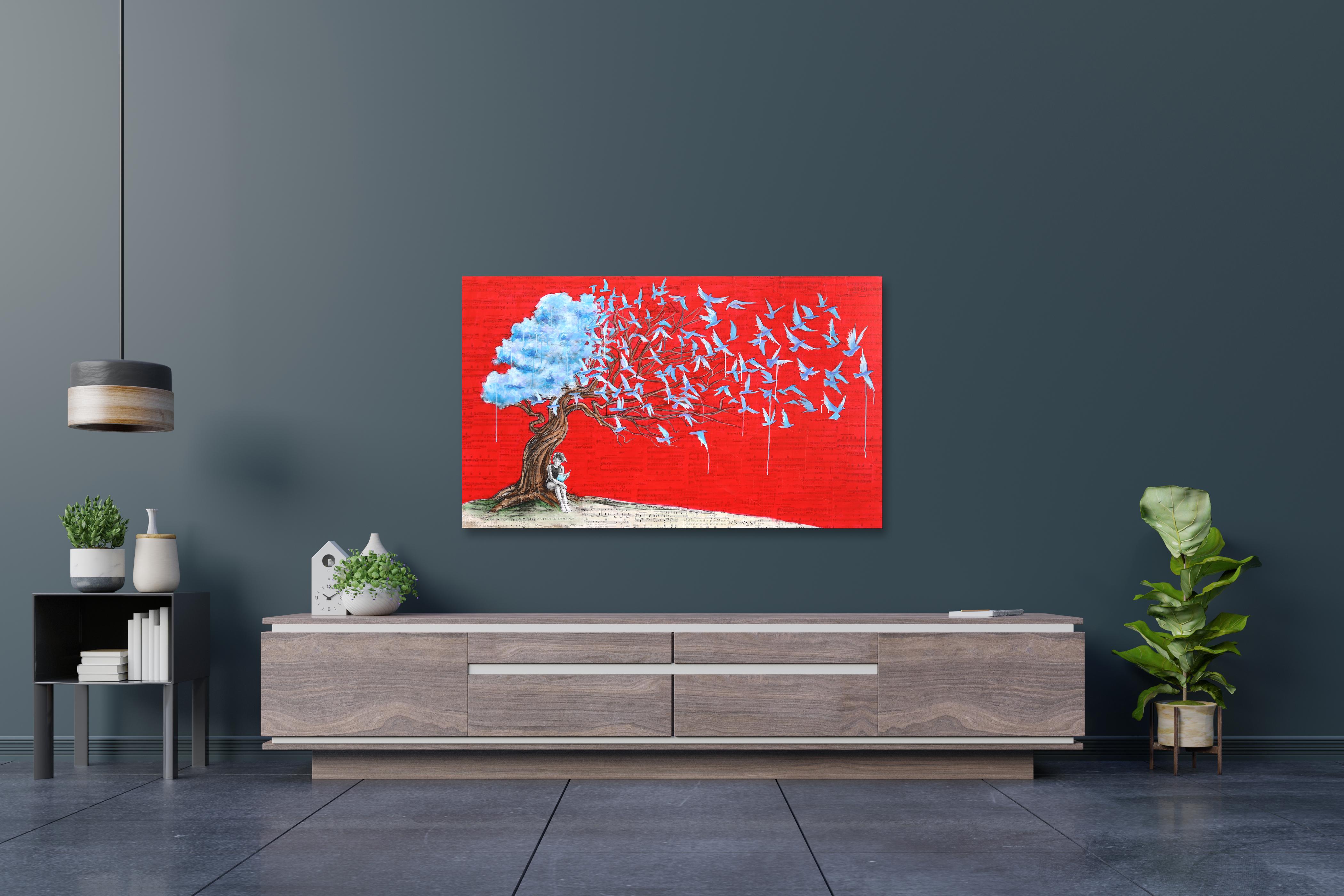 Un appel aux murmures d'une distance - Art figuratif surréaliste original et vibrant en techniques mixtes en vente 1