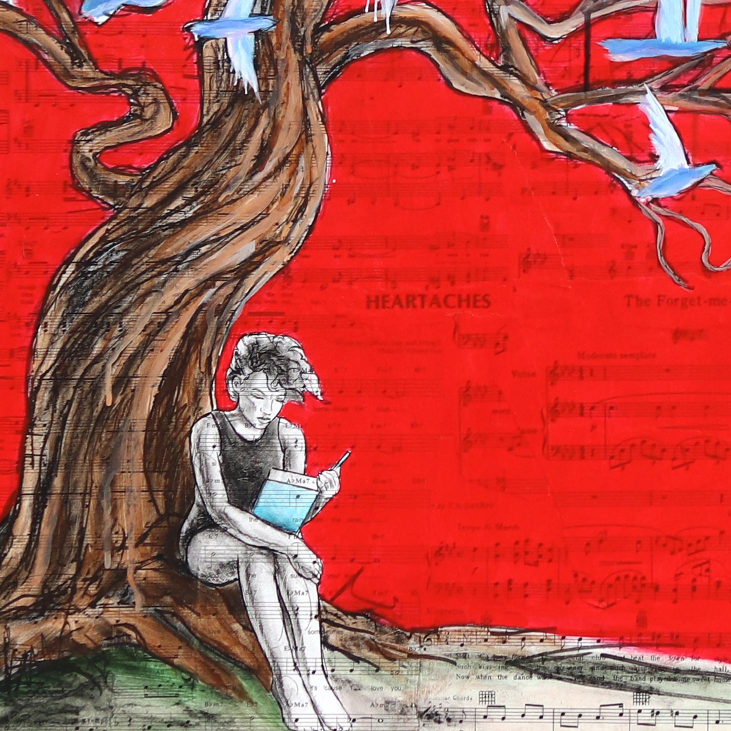 Un appel aux murmures d'une distance - Art figuratif surréaliste original et vibrant en techniques mixtes en vente 4