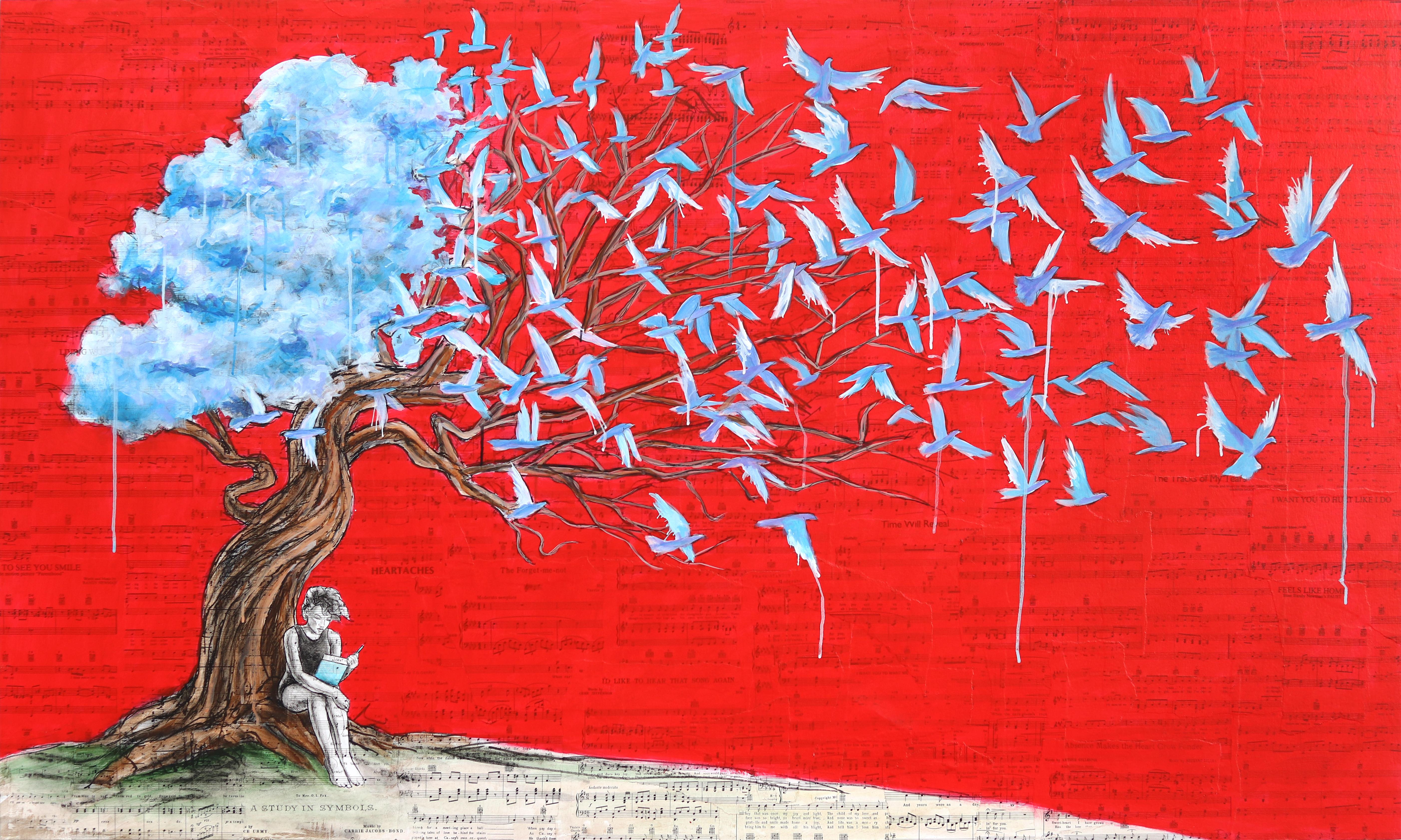 Un richiamo lontano sussurra - Originale arte figurativa surrealista a tecnica mista vibrante