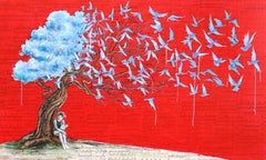 Un richiamo lontano sussurra - Originale arte figurativa surrealista a tecnica mista vibrante