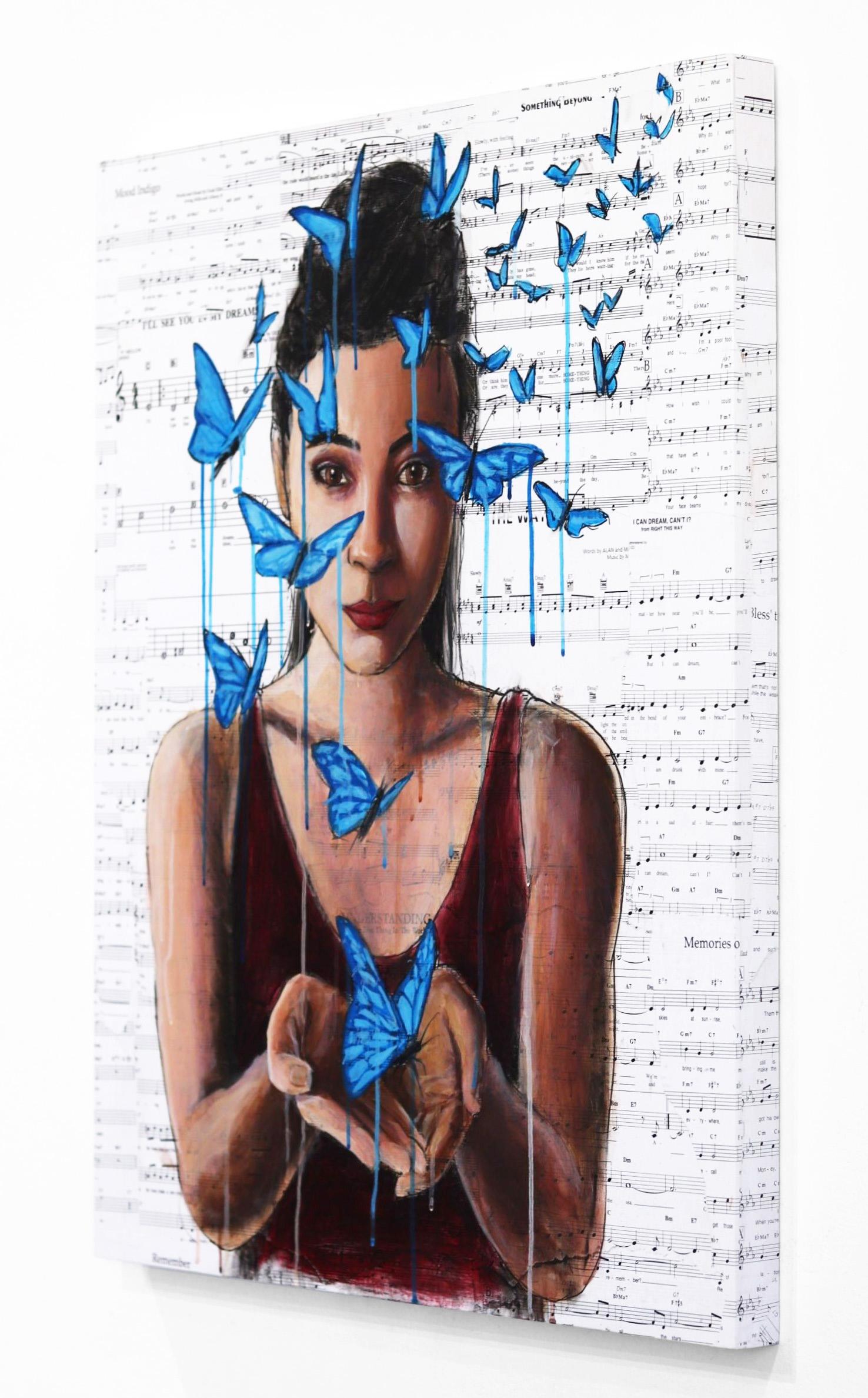 Sueña si puedes - Pintura Figurativa Retrato Mariposa sobre Panel de Partituras - Figurative Painting Beige de Robert Lebsack