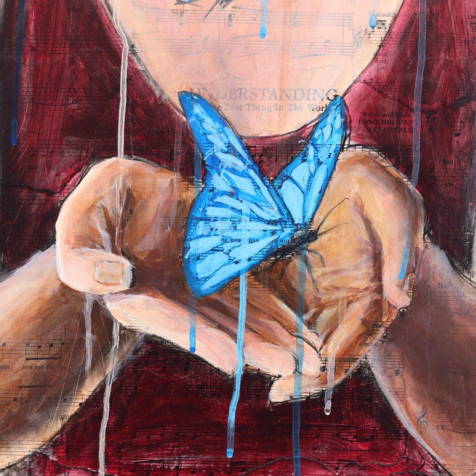 Sueña si puedes - Pintura Figurativa Retrato Mariposa sobre Panel de Partituras en venta 2