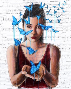 Dream If You Can - Figurative Portrait Butterfly Painting on Sheet Music Panel