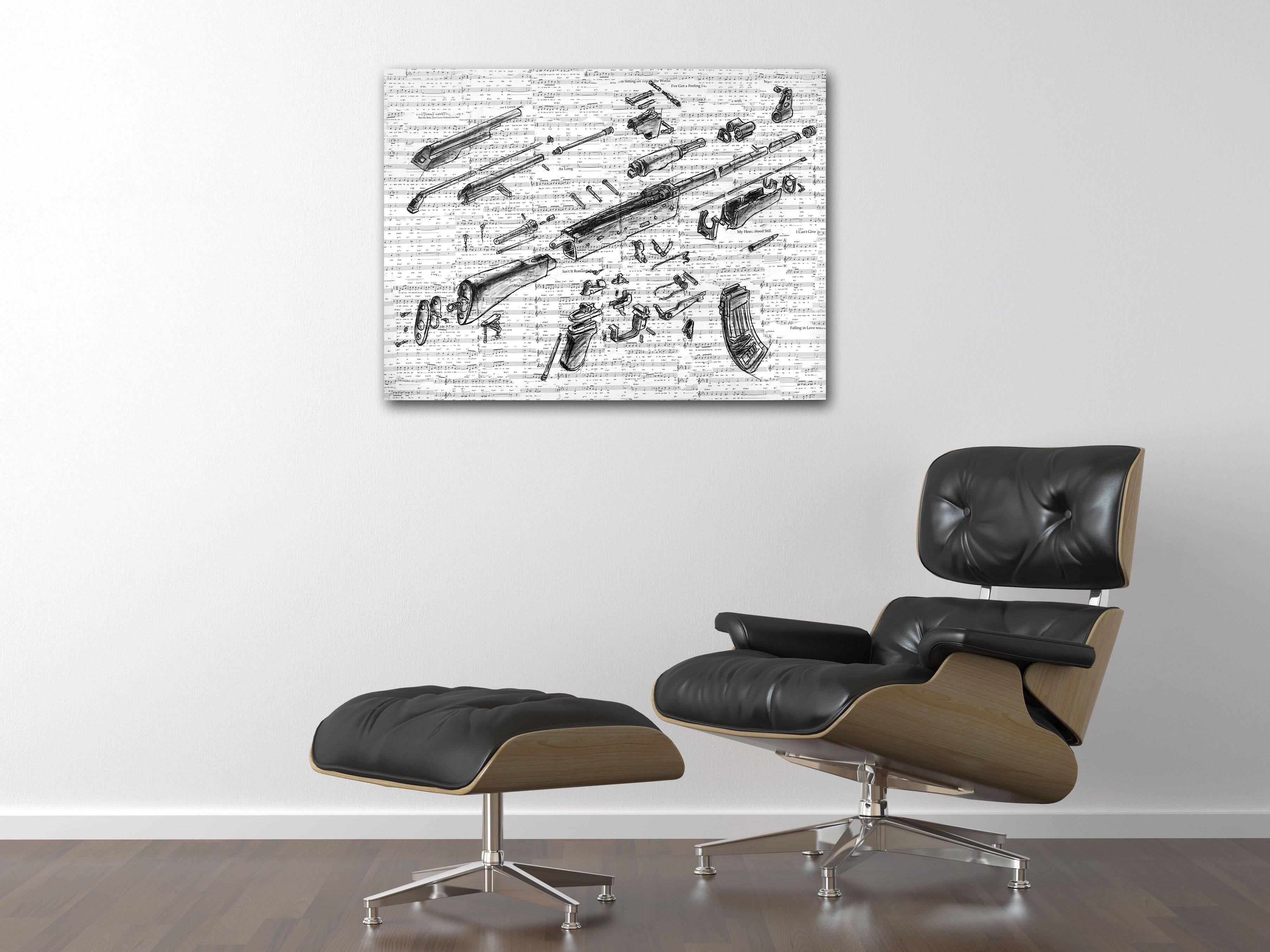 Love Can't Save You - Original Disassembled Gun Realistc Abstract Painting  - Gray Still-Life Painting by Robert Lebsack