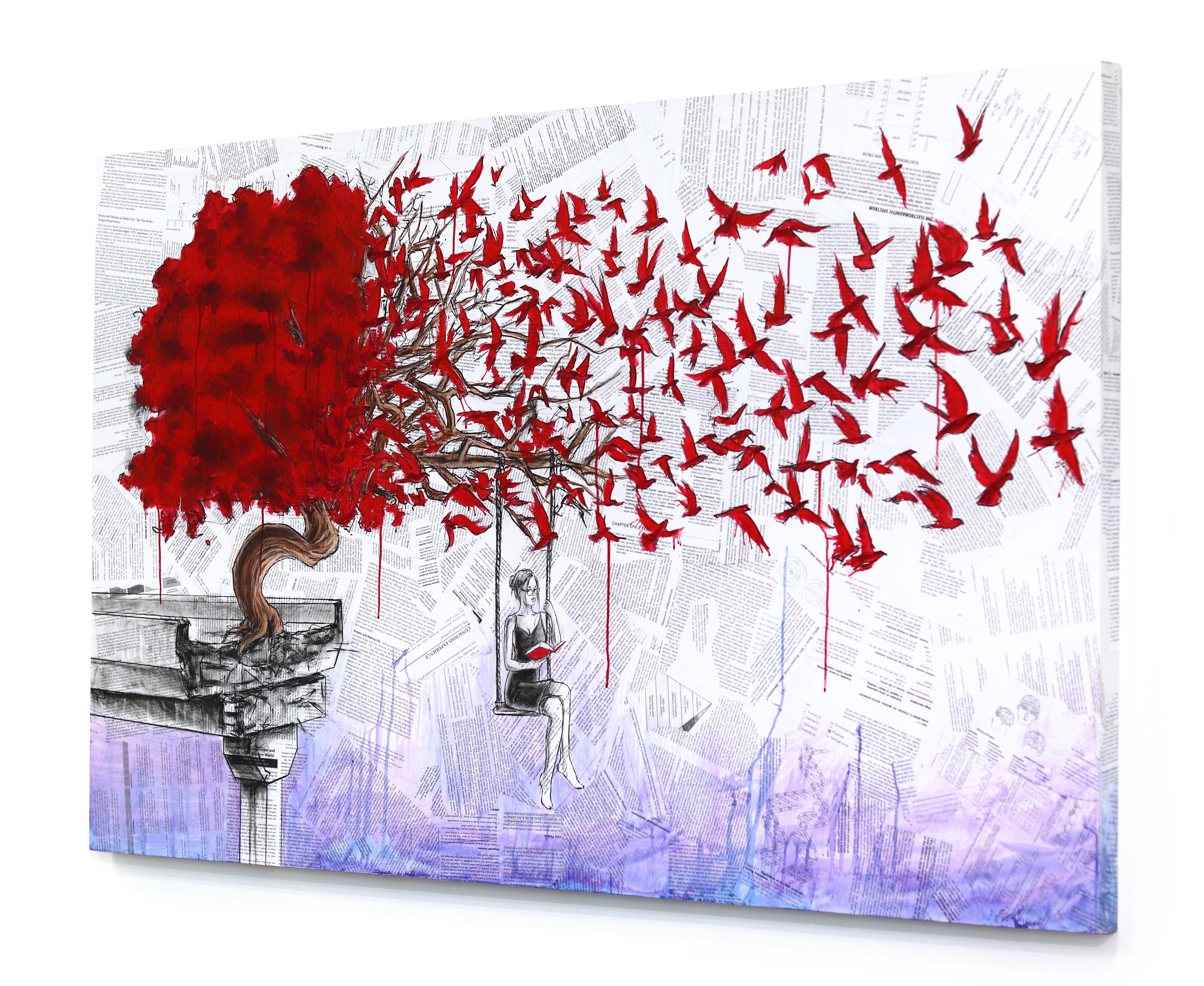 Recolección en la tranquilidad - Arte surrealista original grande en técnica mixta en venta 1