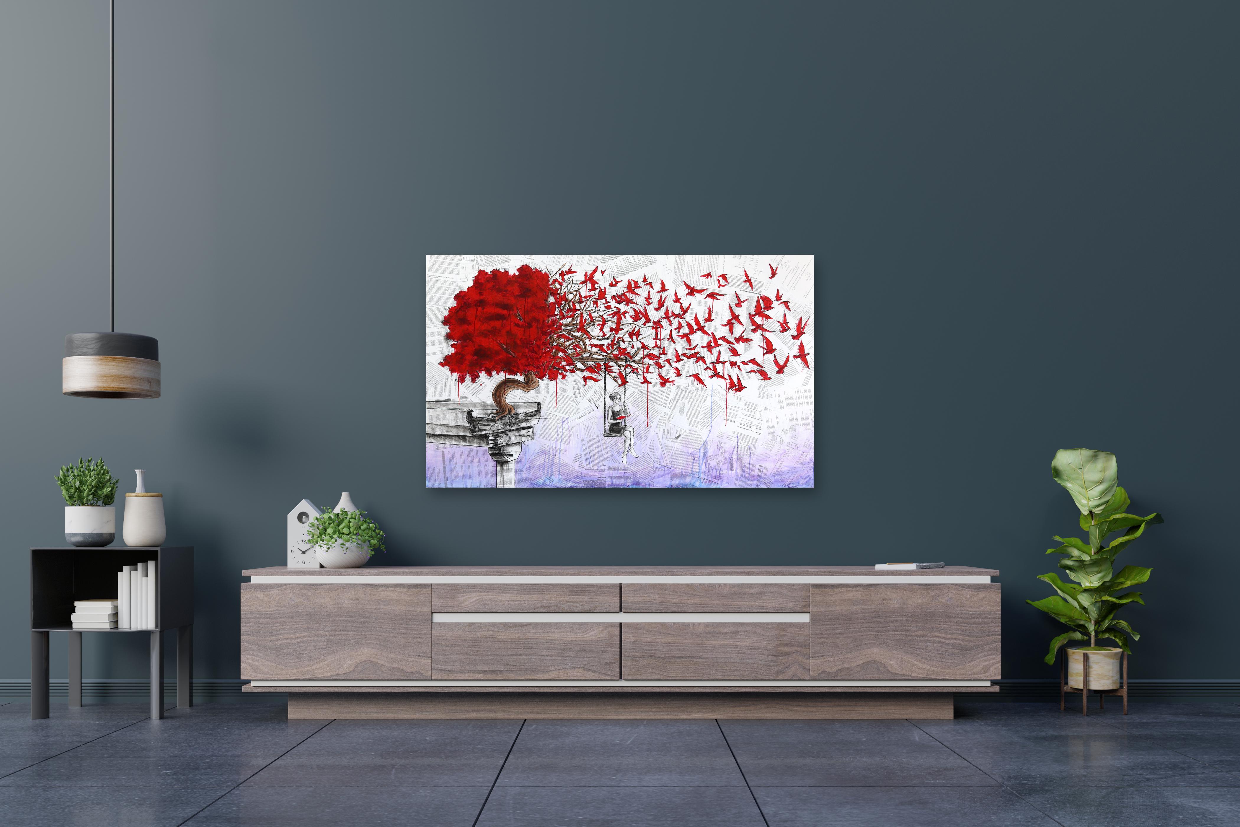 Recolección en la tranquilidad - Arte surrealista original grande en técnica mixta en venta 3