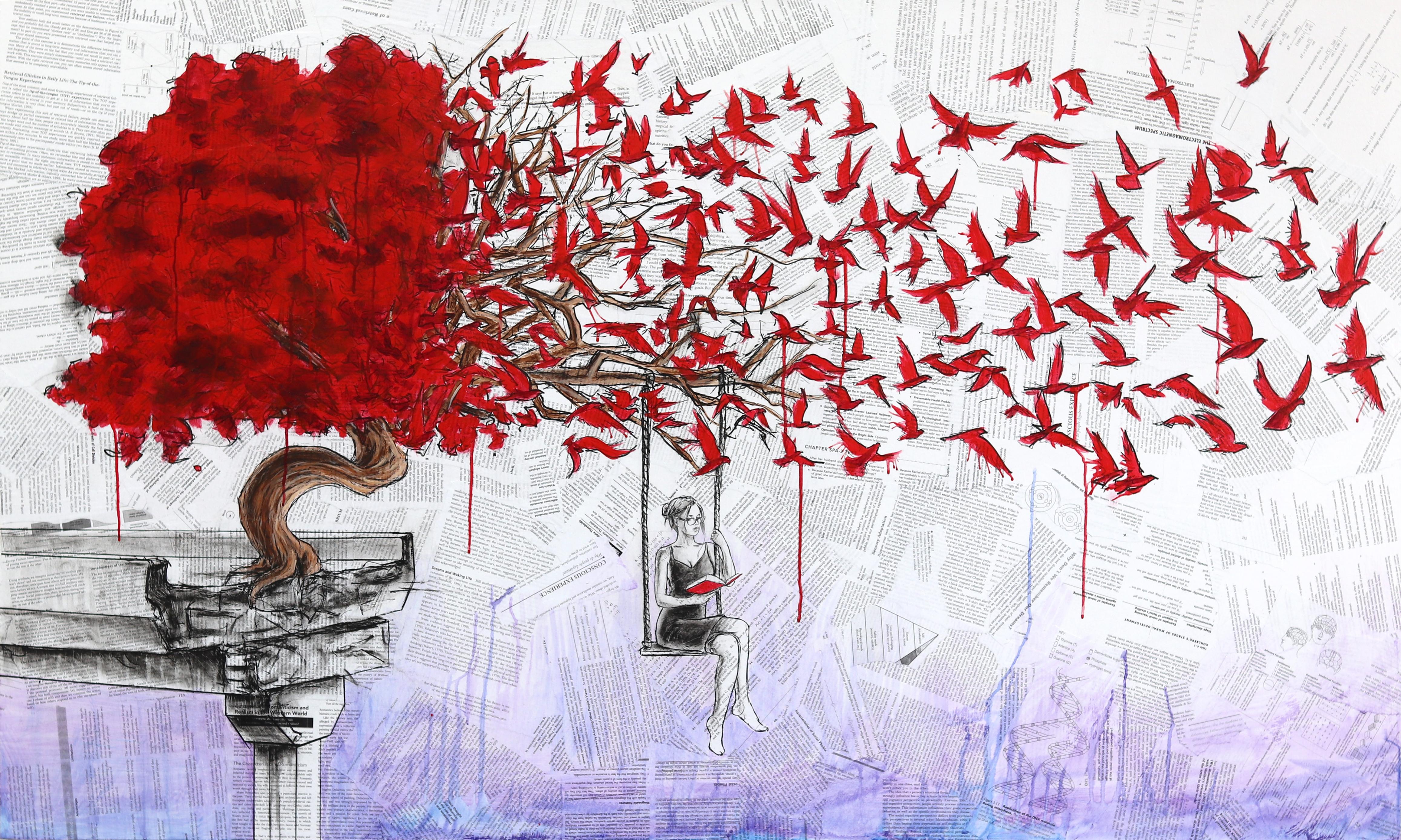 Recolección en la tranquilidad - Arte surrealista original grande en técnica mixta