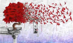 Recolección en la tranquilidad - Arte surrealista original grande en técnica mixta