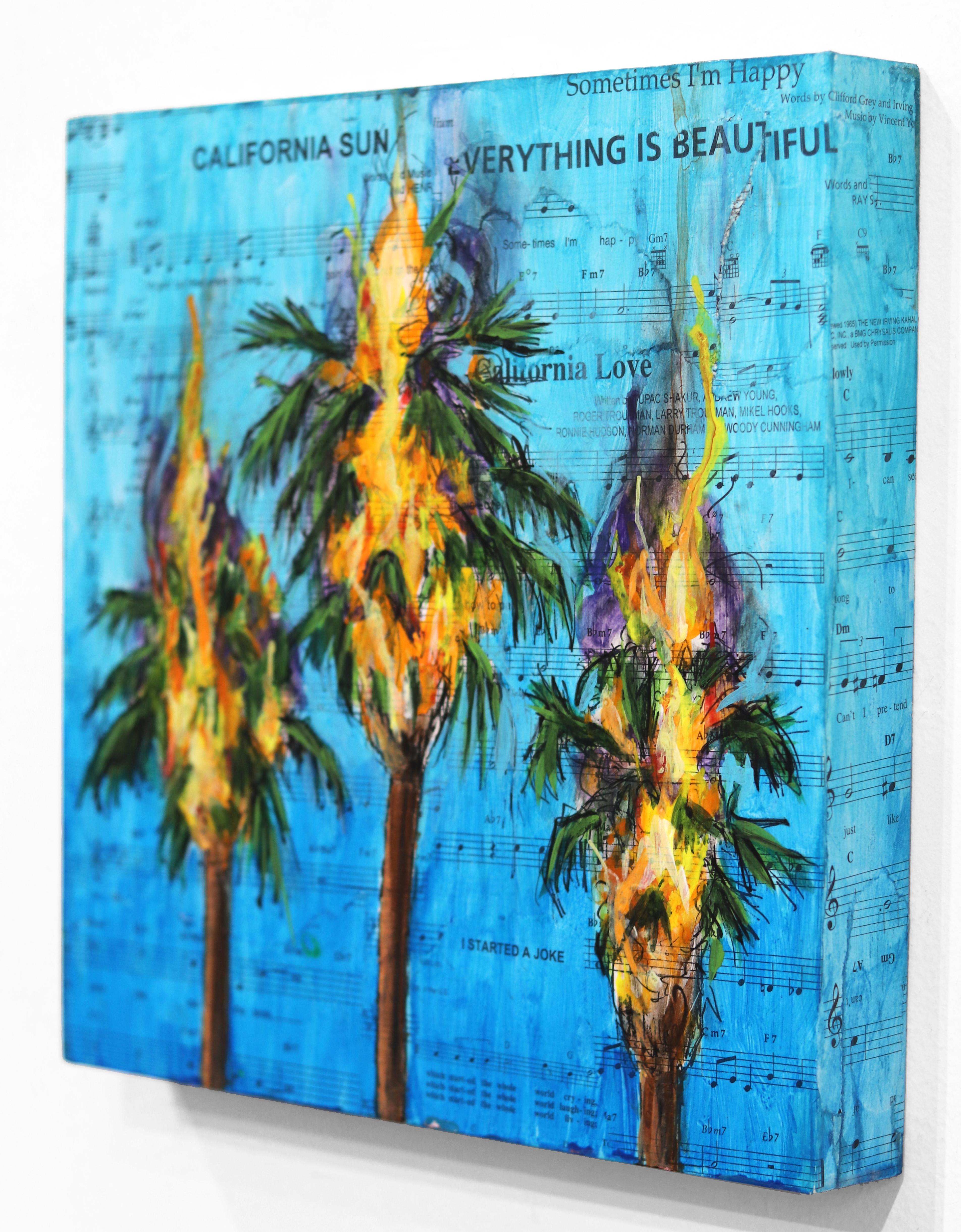 Riot Not Rally - Original Palm Tree Painting on Sheet Music on Wood Panel For Sale 1