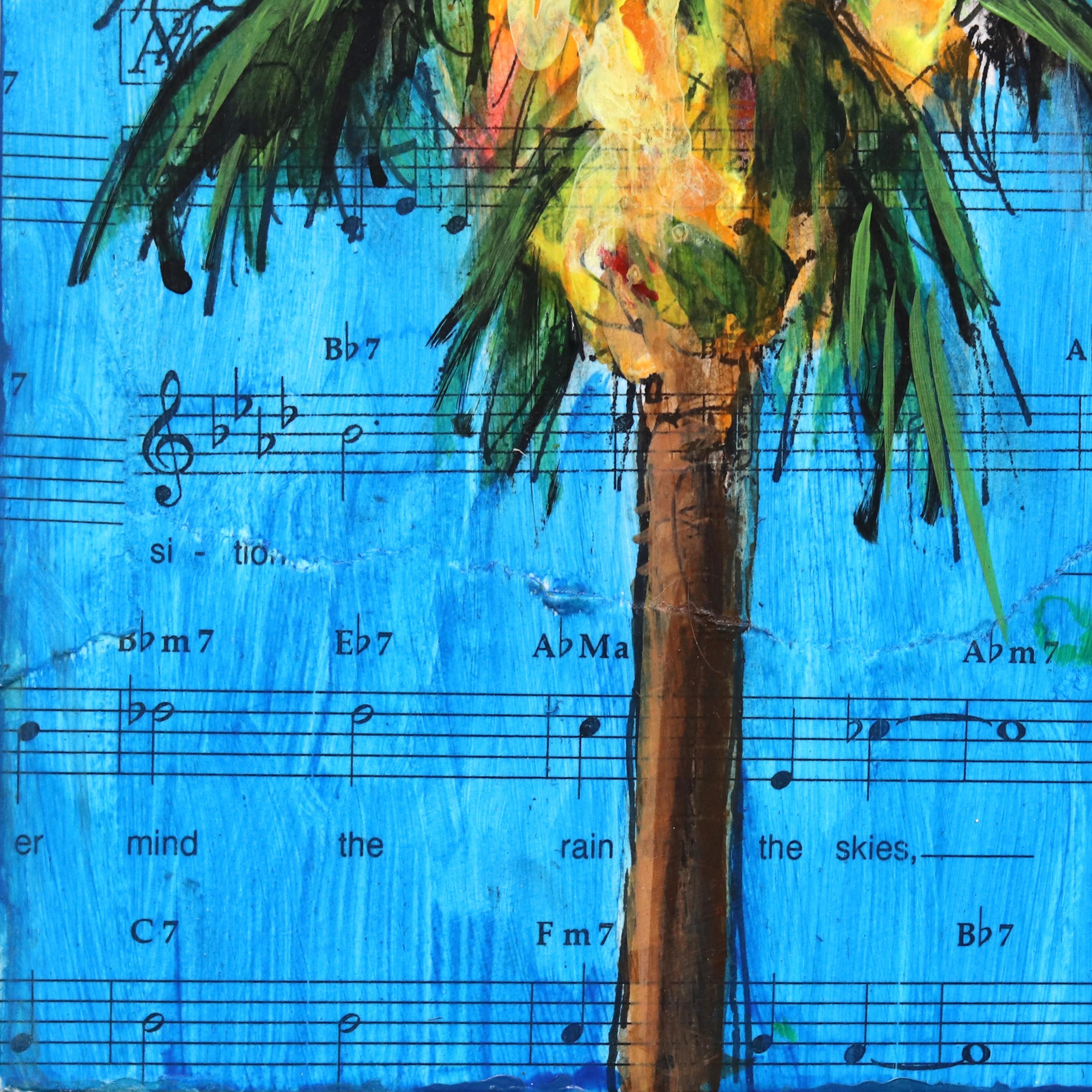 Riot Not Rally - Original Palm Tree Painting on Sheet Music on Wood Panel For Sale 4
