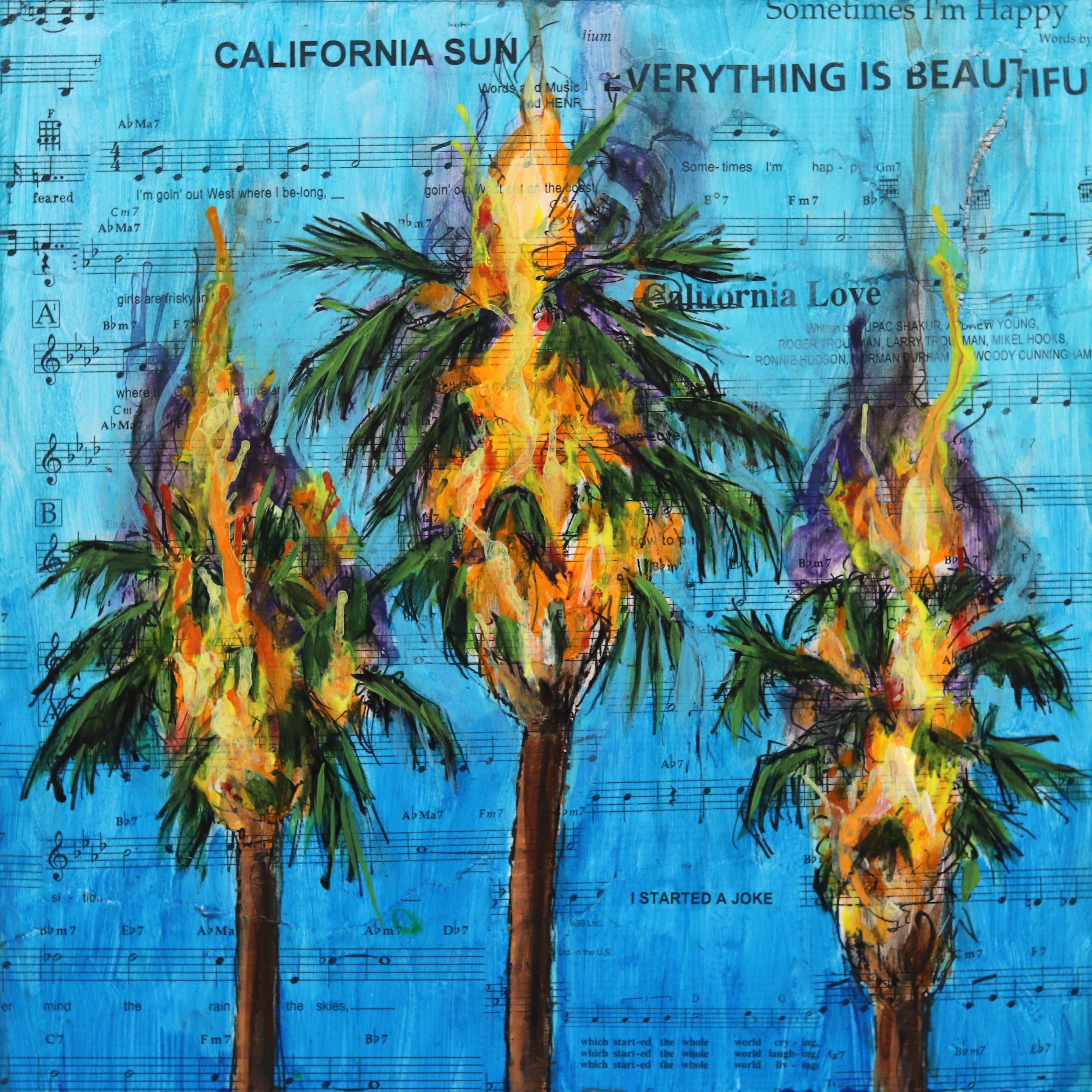 Riot Not Rally - Original Palm Tree Painting on Sheet Music on Wood Panel