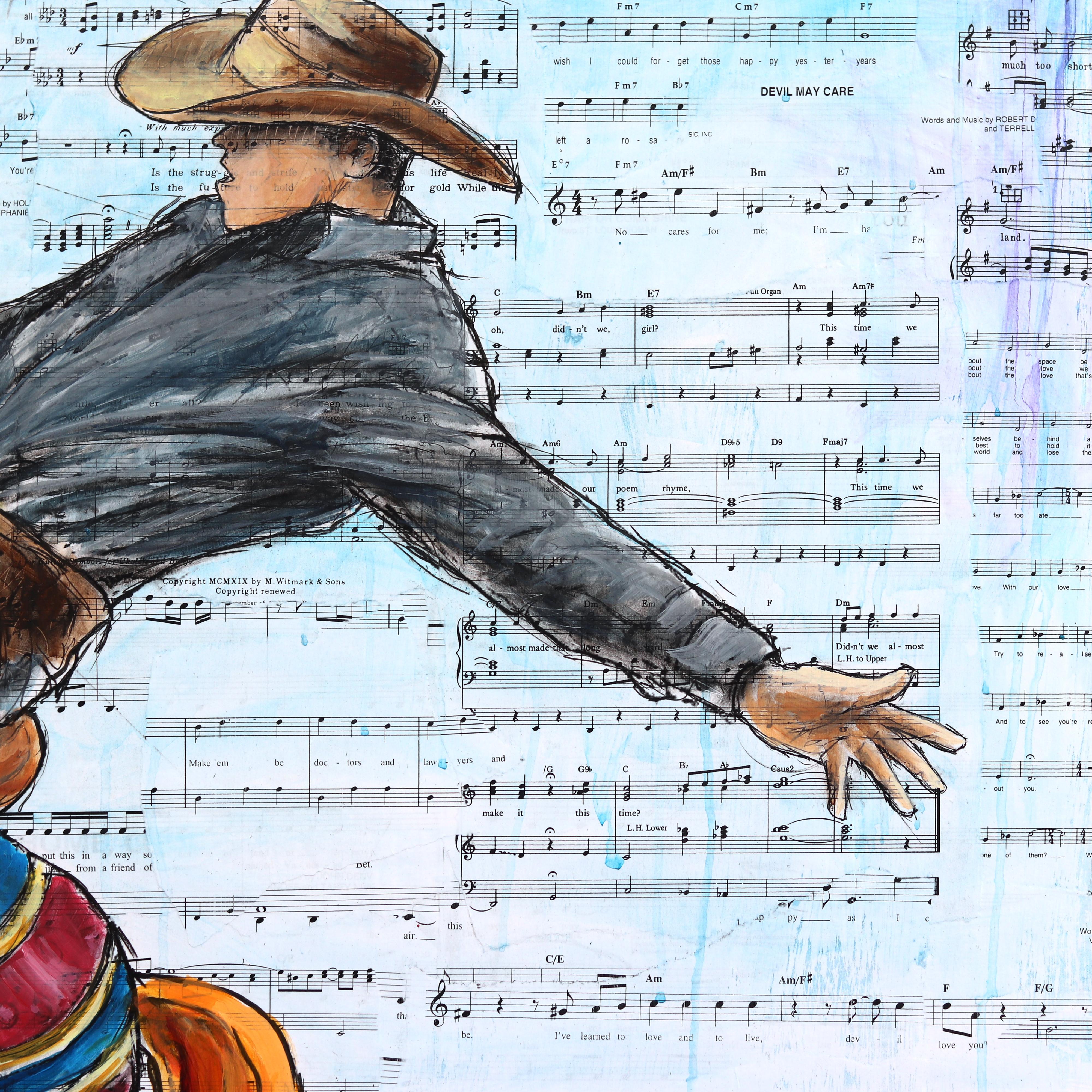 Robert Lebsack creates artworks using mixed media with ink, acrylic, and charcoal on archival copies of newspapers, textbooks, and sheet music. As a visionary artist, Lebsack weaves thought-provoking narratives, delving into the social and cultural