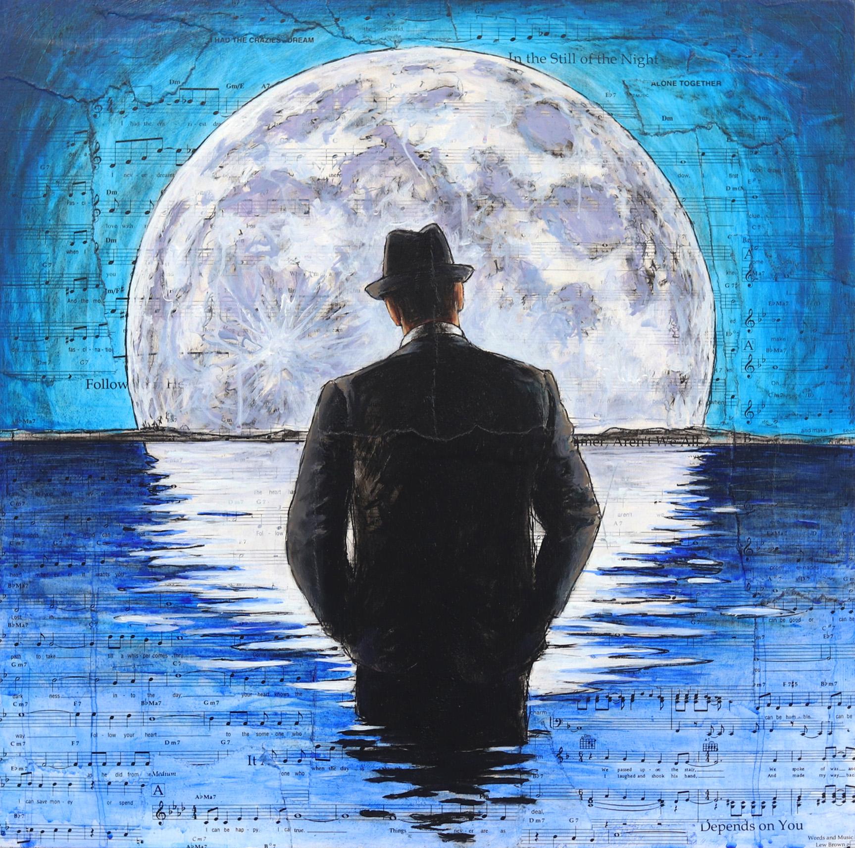 To Contain Multitudes - Original Figurative Man Moon Surrealist Blue Art - Mixed Media Art by Robert Lebsack