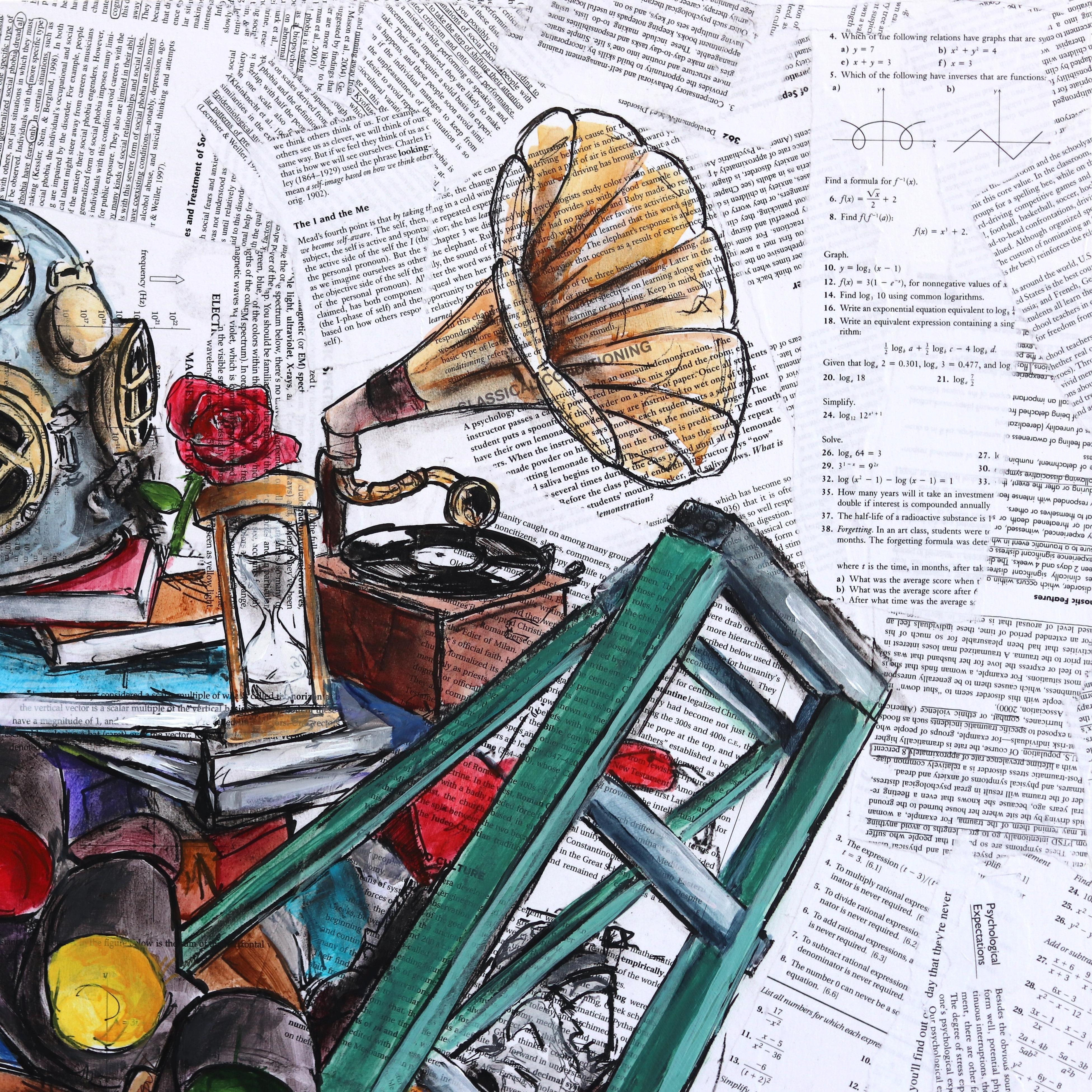 Robert Lebsack creates artworks using mixed media with ink, acrylic and charcoal on archival copies of newspaper or sheet music. His street art tends to focus on social and cultural issues using bits and pieces of headlines, articles and ads as the