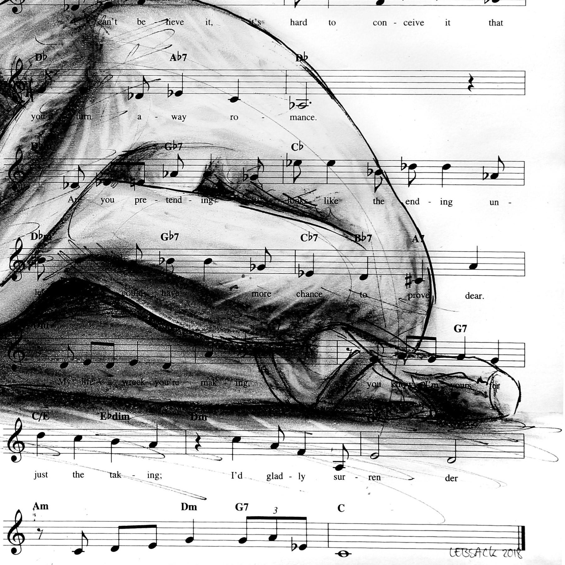Robert Lebsack created this one-of-a-kind 11 inch tall by 17 inch wide artwork with charcoal and ink on sheet music. His imagery is hand drawn with great detail. This artwork is signed by the artist in the lower right corner. Convenient shipping