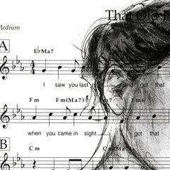 In My Heart - Original Figurative Monochromatic Red Art Charcoal on Sheet Music