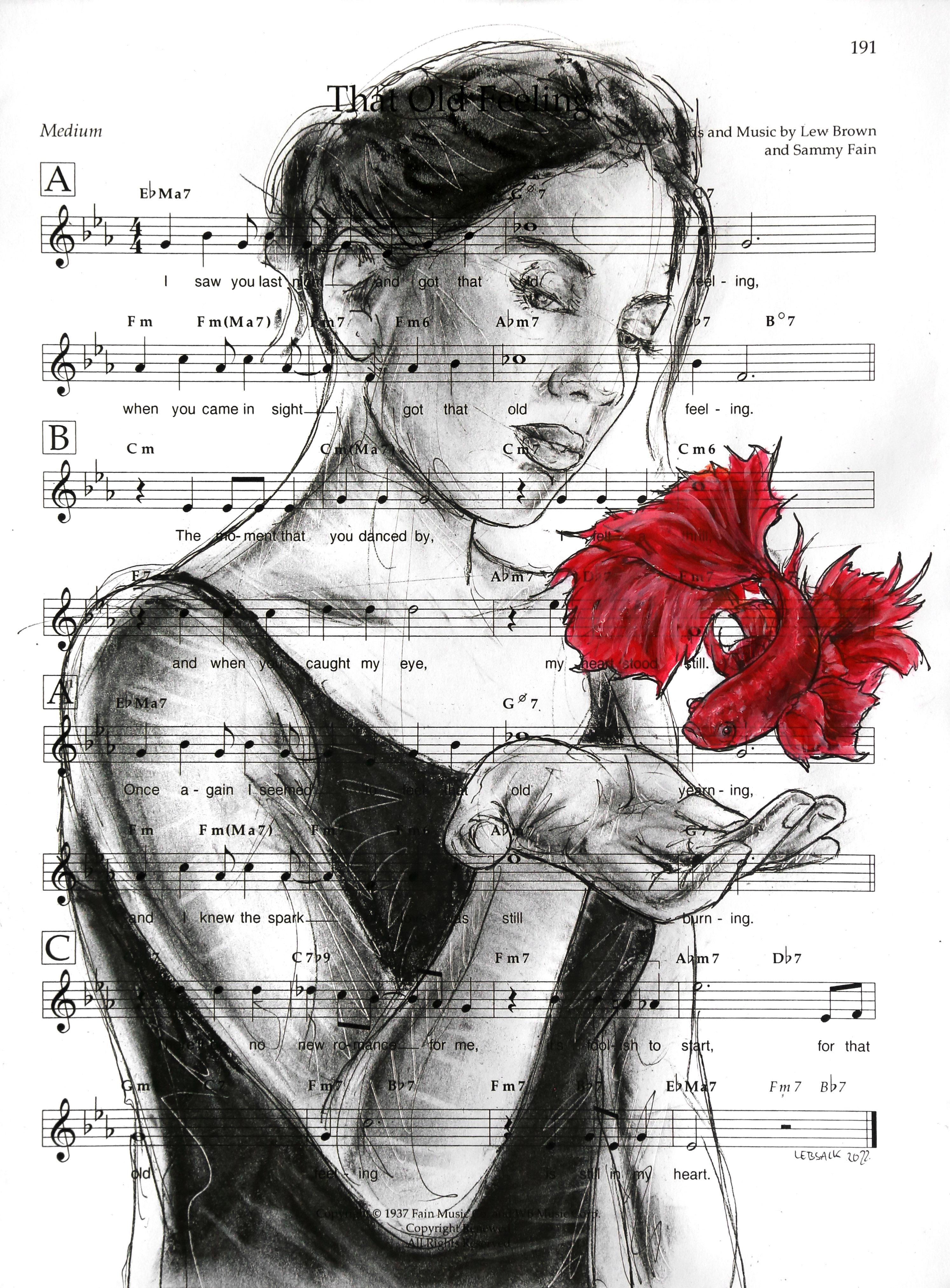 In My Heart - Original Figurative Monochromatic Red Art Charcoal on Sheet Music