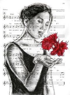 Used In My Heart - Original Figurative Monochromatic Red Art Charcoal on Sheet Music