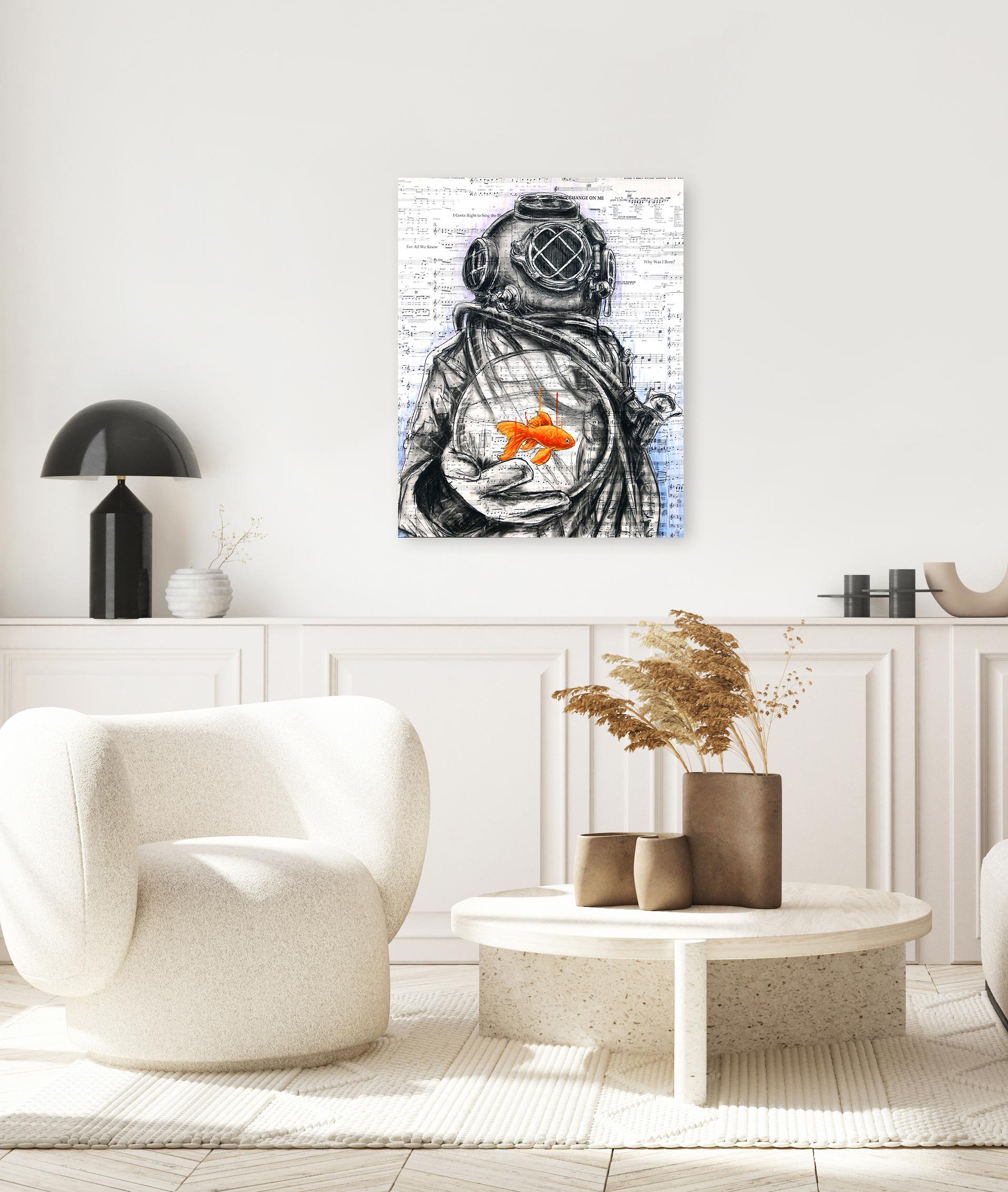 Remembering to Forget - Abstract Figurative Diver Mixed Media Surrealist Artwork - Painting by Robert Lebsack