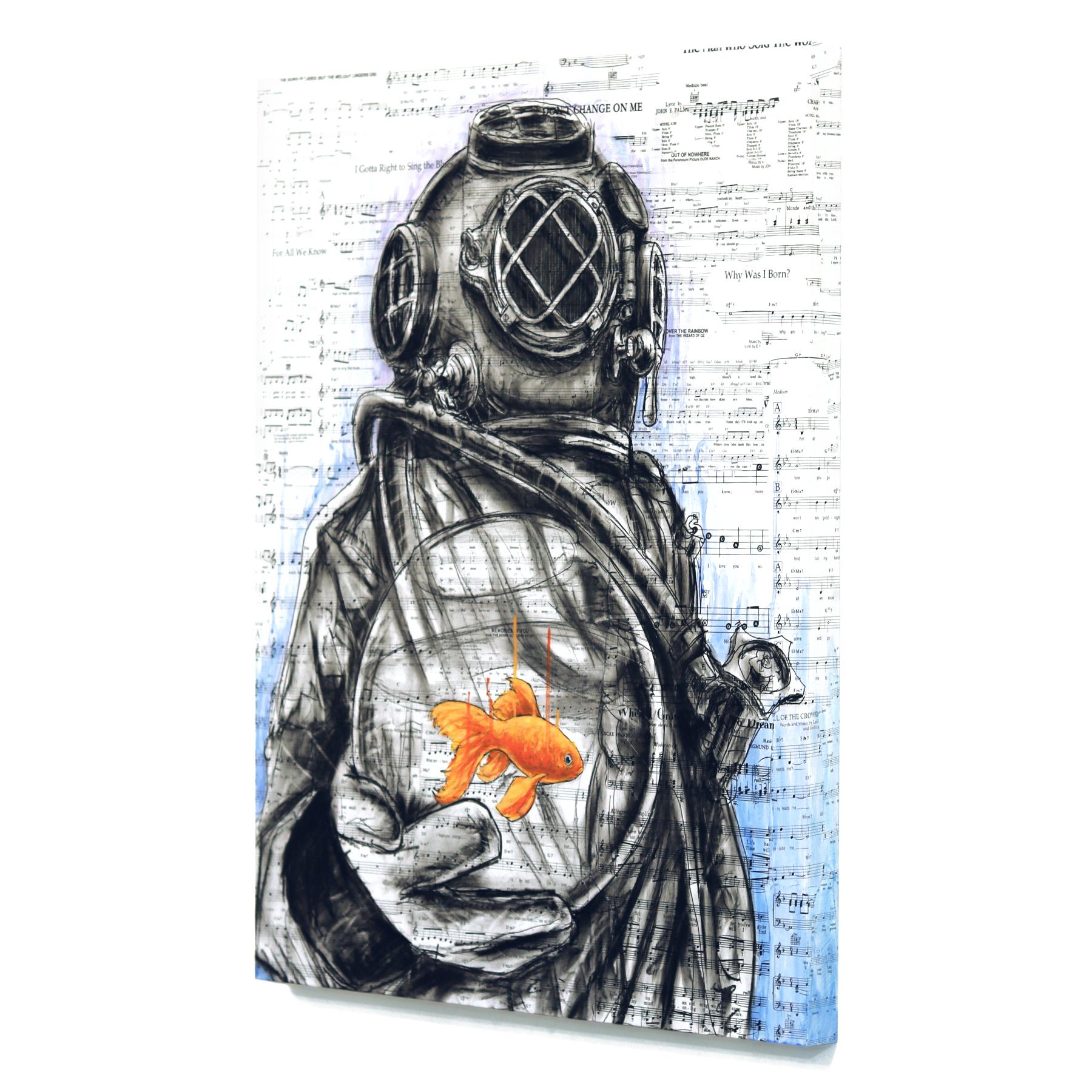 Remembering to Forget - Abstract Figurative Diver Mixed Media Surrealist Artwork - Gray Figurative Painting by Robert Lebsack