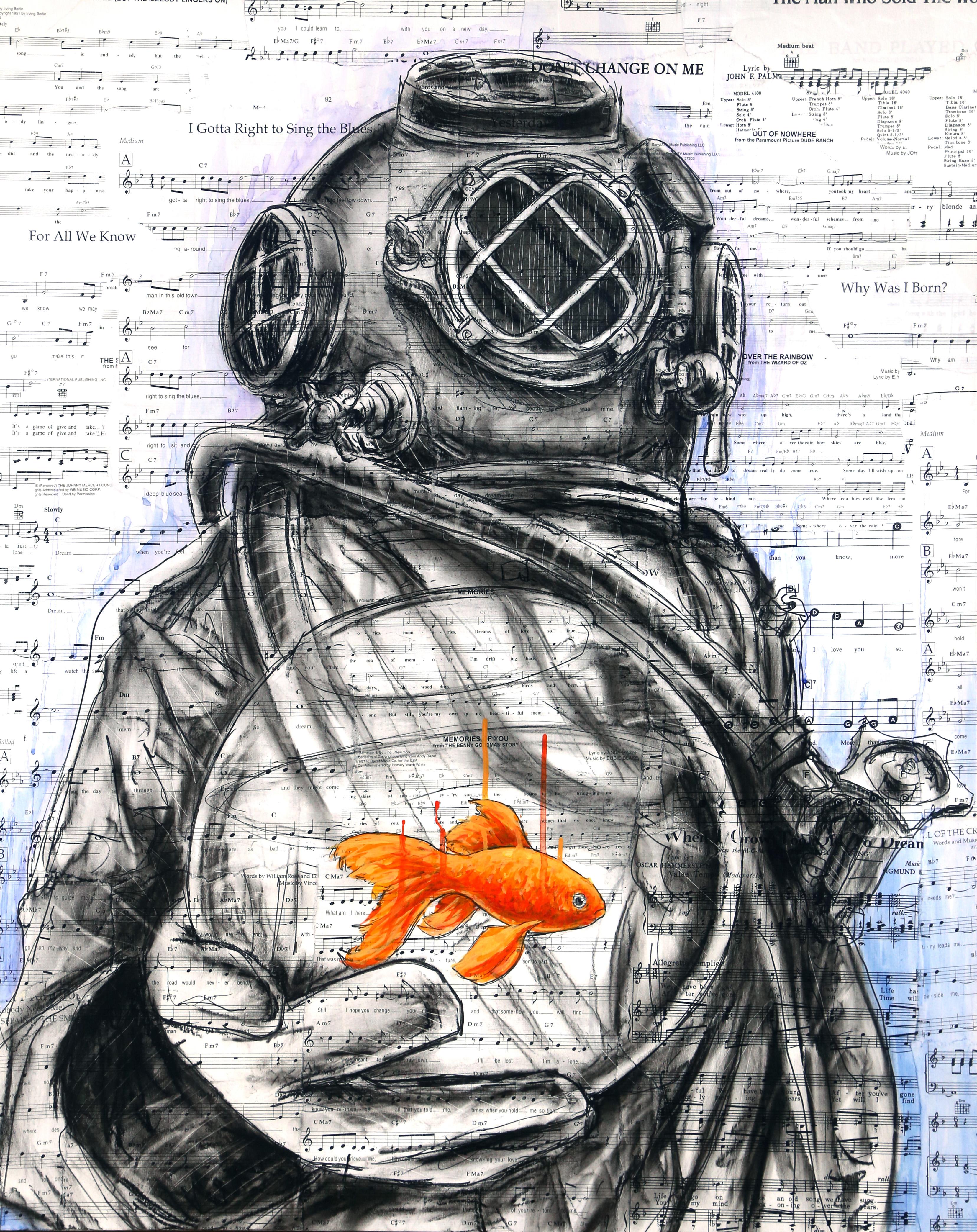 Robert Lebsack Figurative Painting - Remembering to Forget - Abstract Figurative Diver Mixed Media Surrealist Artwork