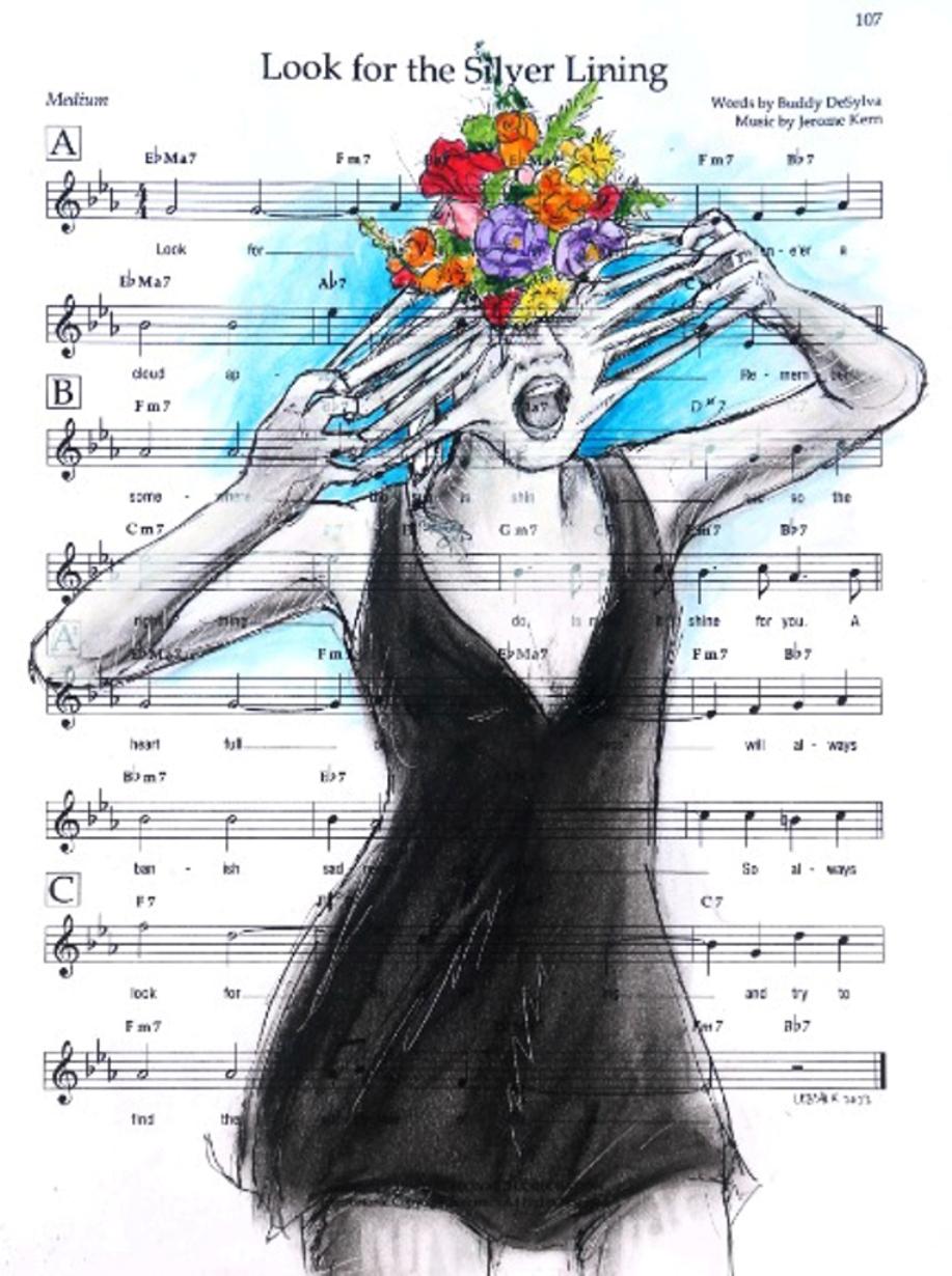 Seeds of Doubt - Original Figurative Woman Charcoal on Sheet Music