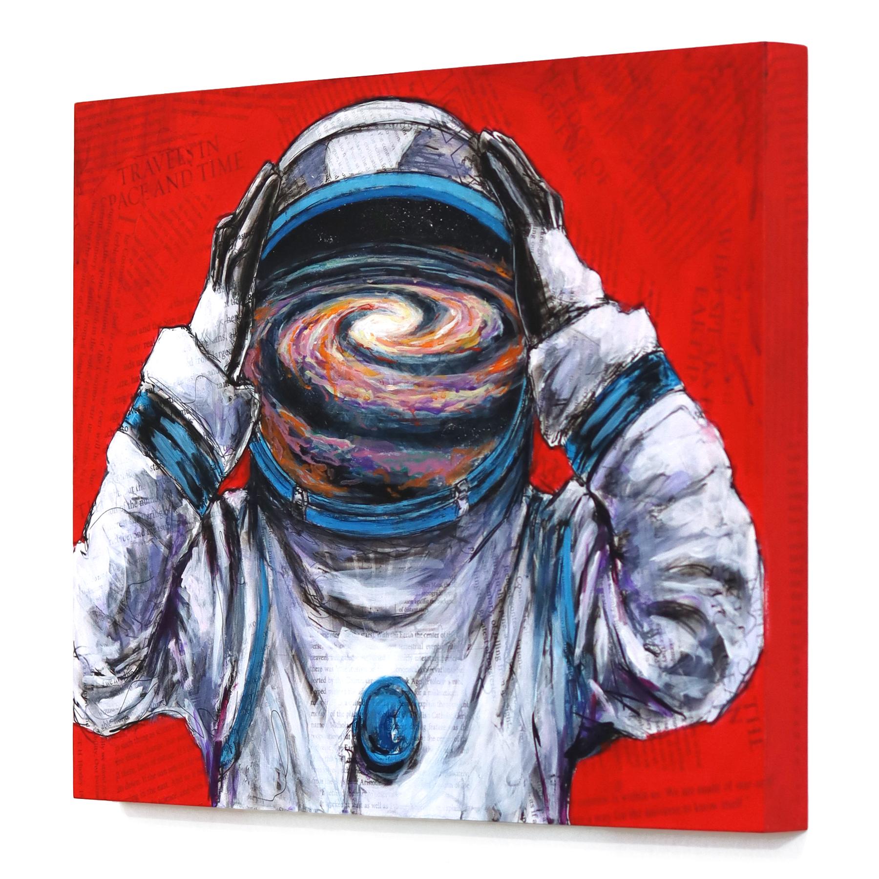 The Cosmos Within - Abstract Figurative Astronaut Mixed Media Surrealist Artwork - Pink Abstract Painting by Robert Lebsack